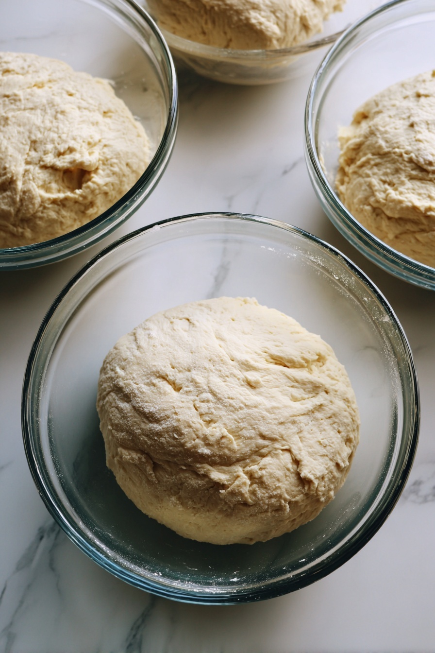 The image shows four golden-brown fried square pastries on a white ornate plate with powdered sugar lightly dusted on top. One pastry is placed on top of the others, broken open to reveal a soft, fluffy, and slightly airy white inside. In the background, more pastries are on a black cooling rack and on the white marbled surface, some also dusted with powdered sugar. The surface has a light scattering of powdered sugar, adding texture and detail. photo taken with an iphone --ar 2:3 --v 7