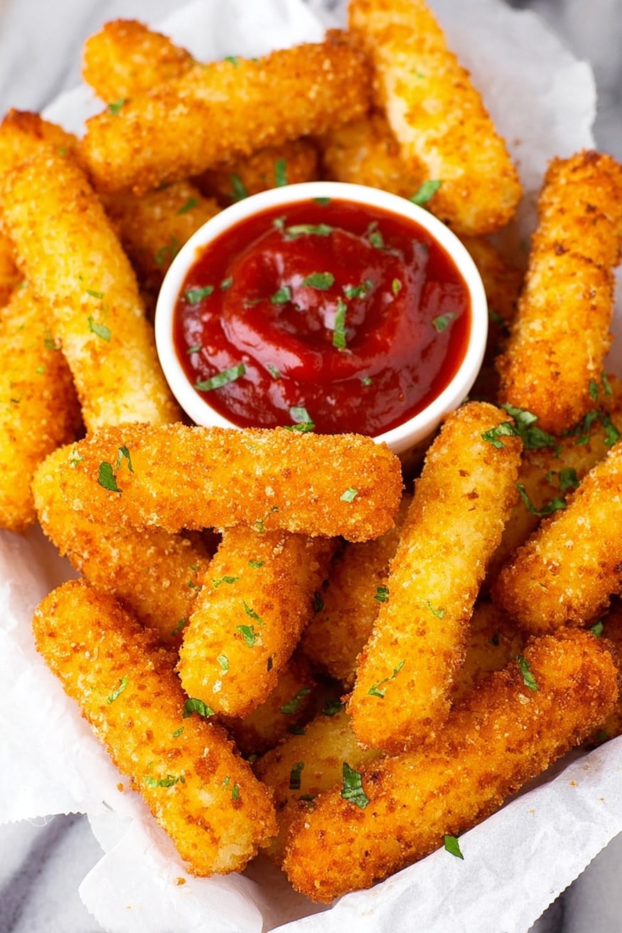 The image shows a white square dish filled with many golden brown crispy sticks that have a crunchy coating, each stick looking long and evenly breaded. In the middle of the dish, there is a small white round bowl filled with smooth, bright red ketchup topped with small green herb pieces. The dish is lined with white parchment paper and scattered with small green herbs on top of the sticks. The background is a white marble surface. photo taken with an iphone --ar 2:3 --v 7