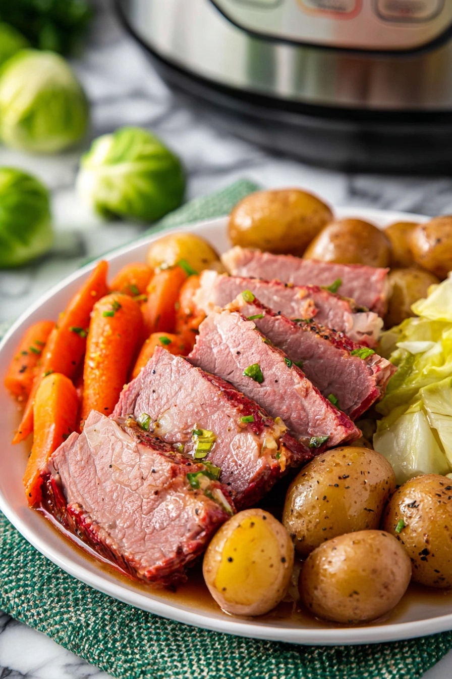 The image shows a white plate filled with a dish that has three main layers. In the center, there are several slices of pinkish-red cooked meat with a slightly shiny texture, sprinkled with small green herb bits. Surrounding the meat is a layer of brown baby potatoes with a smooth surface and a few black specks, likely pepper. Outside the potatoes, there are bright orange cooked carrots, which look soft and shiny. There are also light green cabbage leaves peeking out near the carrots. The plate is placed on a green woven cloth with a blurred silver kitchen appliance in the background, all set on a white marbled surface. Photo taken with an iphone --ar 2:3 --v 7