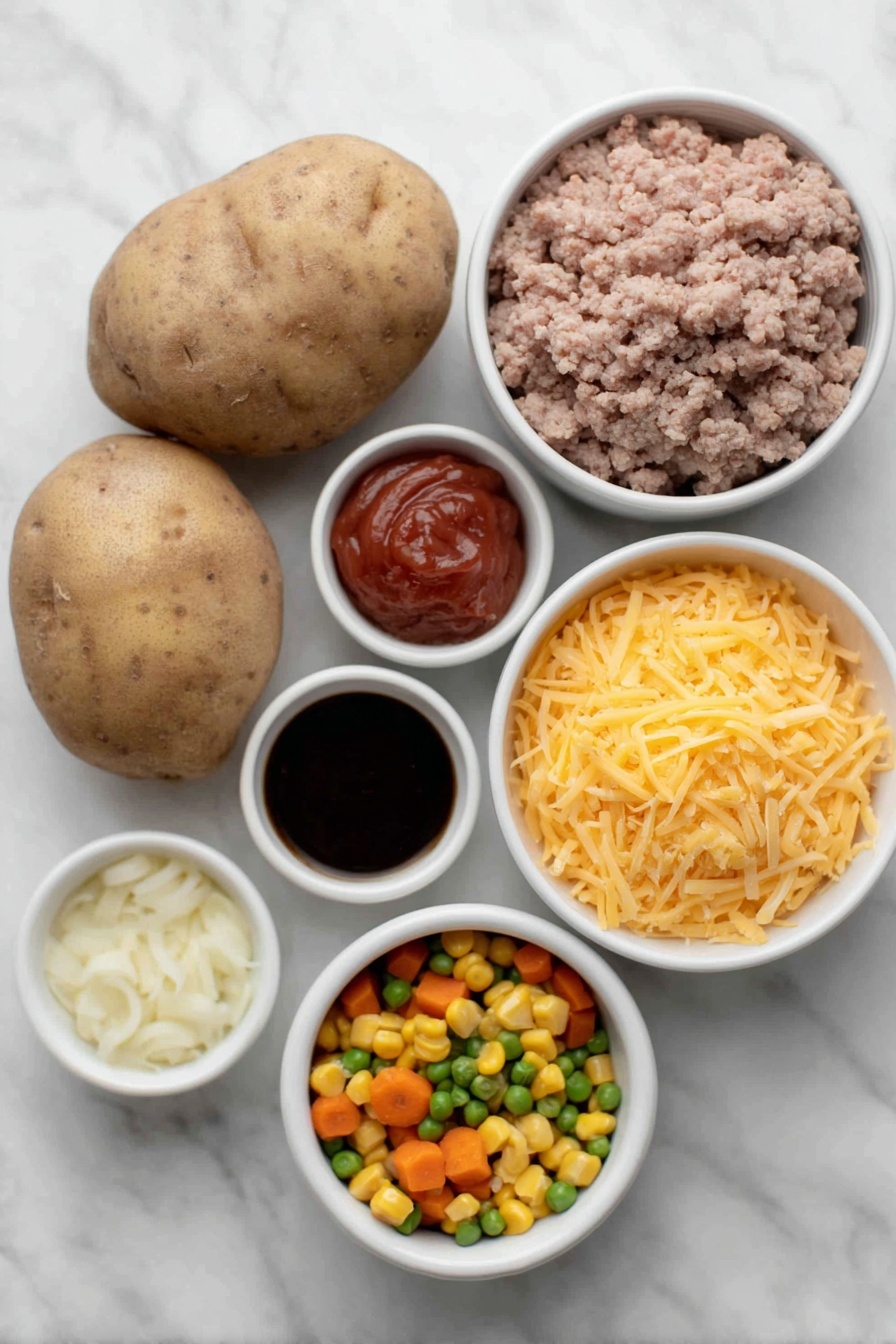 Flat lay of four whole scrubbed baking potatoes, a small white bowl of lean ground beef, a small white bowl with chopped yellow onion, a single fresh garlic clove, a small white bowl of vibrant tomato paste, a small white bowl of dark Worcestershire sauce, a small white bowl filled with beef broth, a small white bowl of mixed fresh vegetables (carrots, peas, corn, and green beans), and a small white bowl piled with shredded orange cheddar cheese, all arranged symmetrically and naturally on a clean white marble surface, soft natural light, photo taken with an iPhone, professional food photography style, fresh ingredients, white ceramic bowls, no bottles, no duplicates, no utensils, no packaging --ar 2:3 --v 7 --p m7354615311229779997