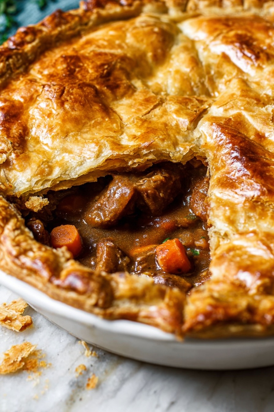 The image shows a thick, golden brown pie with a flaky top crust that has been cut to reveal the inside layers. The top crust is unevenly crimped and shiny, covering a rich filling of tender chunks of brown meat mixed with orange carrot pieces and a glossy brown sauce. The filling sits above a crumbly, golden bottom crust. The pie is placed in a white ceramic dish, and the background surface is a white marbled texture. The pie has a cozy, rustic look with some crumbs scattered around the dish. photo taken with an iphone --ar 2:3 --v 7