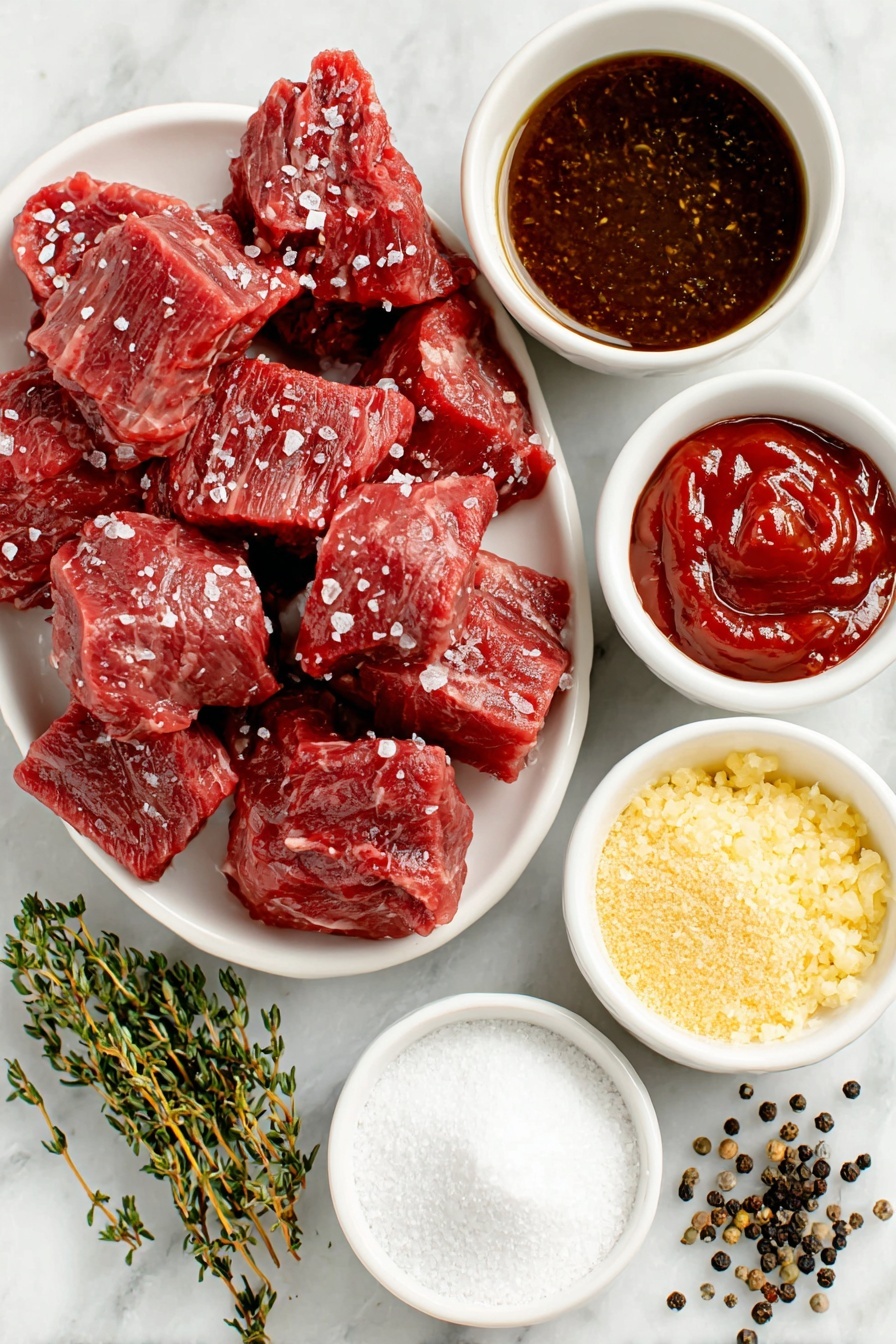 Flat lay of fresh raw beef stew meat chunks, a small pile of coarse salt crystals, a small mound of whole black peppercorns, a few dried thyme sprigs, a small heap of minced fresh garlic, a simple white ceramic bowl filled with brown dry onion soup mix powder, a small white ceramic bowl with rich dark brown beef broth, a small white ceramic bowl holding glossy red ketchup, a small white ceramic bowl containing thick dark Worcestershire sauce, and a small white ceramic bowl with fine white cornstarch powder, all arranged symmetrically on a clean white marble surface, soft natural light, photo taken with an iPhone, professional food photography style, fresh ingredients, white ceramic bowls, no bottles, no duplicates, no utensils, no packaging --ar 2:3 --v 7 --p m7354615311229779997