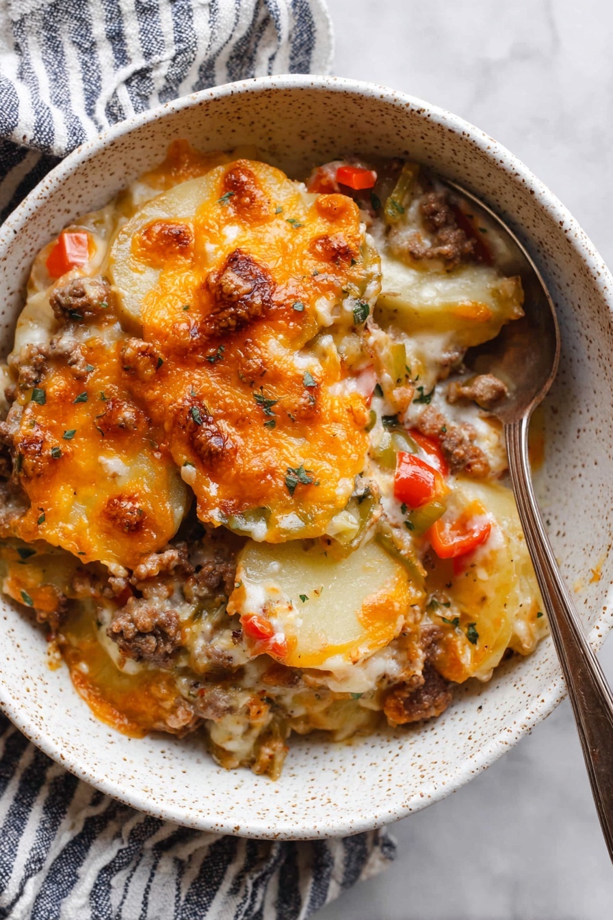 The image shows a cooking pan with three main layers inside. The bottom layer is cooked ground beef, brown in color with some oily texture, spread across the pan. The second layer, placed on the right side, is finely chopped white onions. The third layer, located on the left and middle top, is a mix of chopped green and red bell peppers, giving a bright green and red color contrast to the beef and onions. The pan is on a white marbled surface. photo taken with an iphone --ar 2:3 --v 7