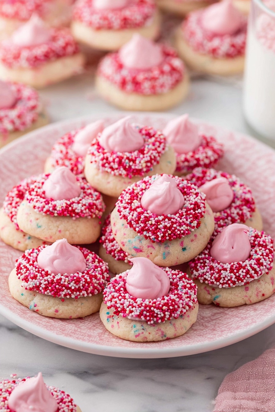 A white plate with a pink woven pattern holds several small round cookies. Each cookie has two layers: a base layer in light beige or white with some showing tiny colored sprinkles, and a top layer of pink dollop cream with a smooth texture. Some cookies have their edges covered in red, pink, and white small round sprinkles giving a bright colorful border. The cookies are arranged closely on the plate, which sits on a white marbled surface. In the background, more cookies with the same colors are visible. photo taken with an iphone --ar 2:3 --v 7