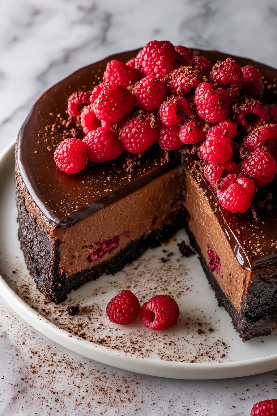 A chocolate cake is shown with one slice removed and lying flat, revealing three layers: a dark chocolate crust at the bottom, a thick middle layer of smooth chocolate mousse with raspberries inside, and a glossy dark chocolate glaze on top. Fresh bright red raspberries are scattered over the glaze and around the white plate, creating contrast. The plate sits on a white marbled surface, and the cake is dusted lightly with cocoa powder. Photo taken with an iphone --ar 2:3 --v 7