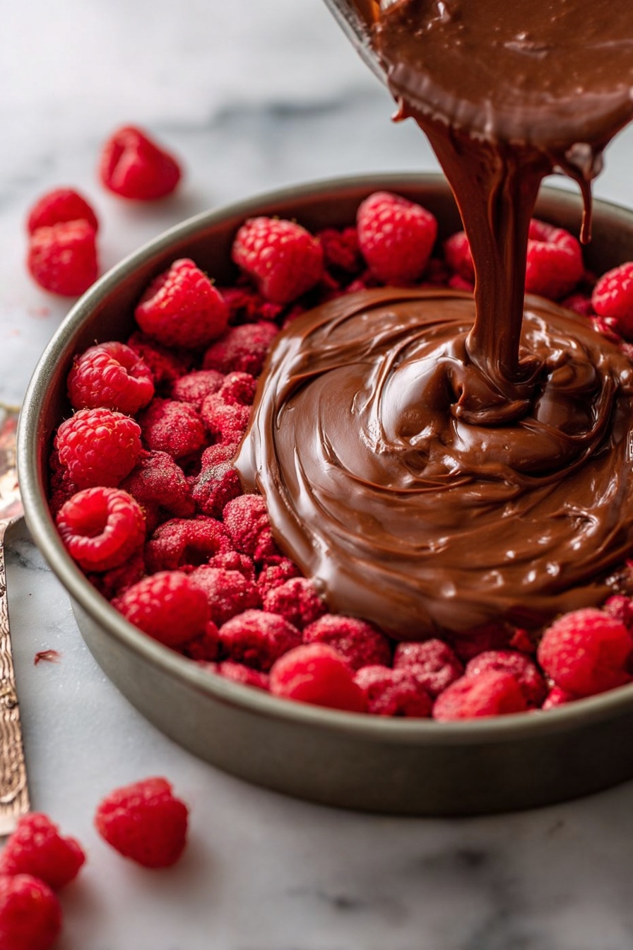 A slice of chocolate cake on a white plate with three red raspberries on top, covered with thick, shiny dark chocolate sauce dripping down the sides. The cake has three visible layers: the top layer smeared with the chocolate sauce, a smooth middle chocolate mousse layer with bits of raspberries inside, and a dark, crumbly chocolate cookie crust at the bottom. Cocoa powder is dusted around the slice on the plate, and there are scattered chocolate crumbs near the cake, with a small piece taken out resting on a fork in the foreground. The background has a white marbled texture. photo taken with an iphone --ar 2:3 --v 7