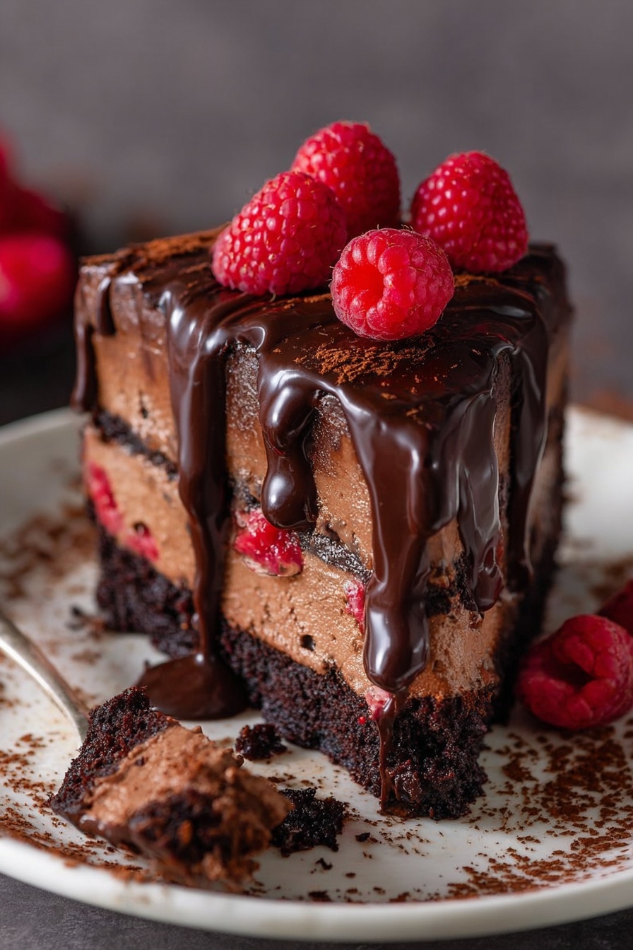 A round white bowl filled with two main layers: the bottom layer is a red, bumpy texture made of fresh raspberries, and the top layer is a thick, smooth, shiny chocolate spread being poured over the raspberries, partially covering them in creamy swirls. Around the bowl, more scattered raspberries sit on a white marbled surface, with a blurred woman's hand holding a utensil in the bottom left corner. photo taken with an iphone --ar 2:3 --v 7