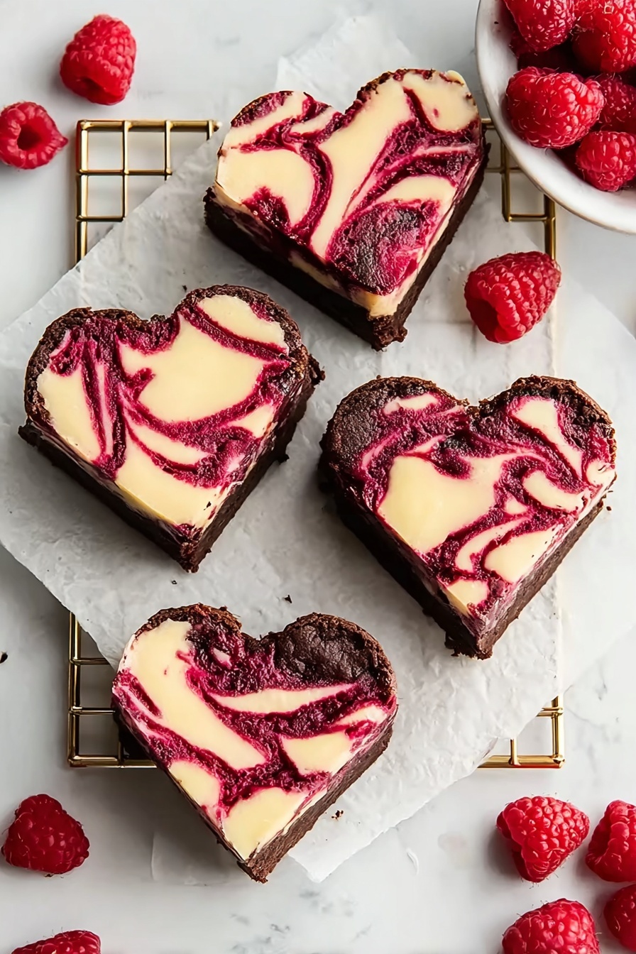 The image shows four heart-shaped brownies placed on white parchment paper over a golden wire rack. Each brownie has two visible layers: a dark brown base layer with a smooth texture, and a creamy light beige top layer swirled with dark red raspberry patterns creating a marbled effect. Fresh raspberries are scattered around the brownies on the white marbled surface, and there is a white bowl filled with raspberries in the top right corner. The photo taken with an iphone --ar 2:3 --v 7