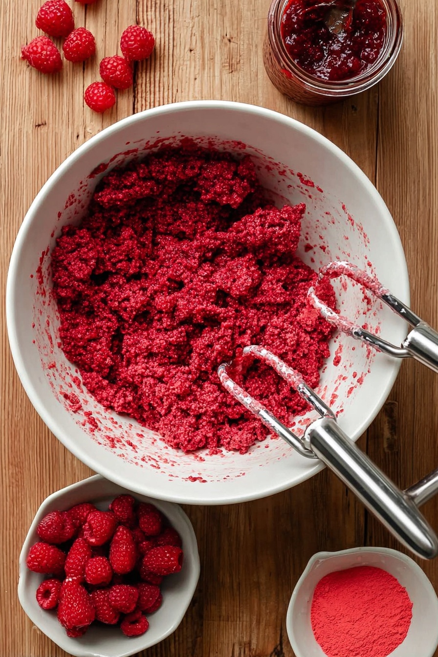 The image shows a white plate filled with many small round pink cookies, each with a heart-shaped cutout in the center filled with shiny dark red jam. The cookies have a soft, slightly textured surface and are stacked lightly on top of each other. Around the plate, there are a few more cookies placed on a wooden surface with a white marbled texture. In the top right corner, a white bowl holds a bright pink powder with a small spoon inside. At the bottom of the image, a white bowl with a red rim is filled with fresh raspberries, and a few raspberries are scattered nearby. A red cloth with a white pattern lies under part of the white plate. photo taken with an iphone --ar 2:3 --v 7