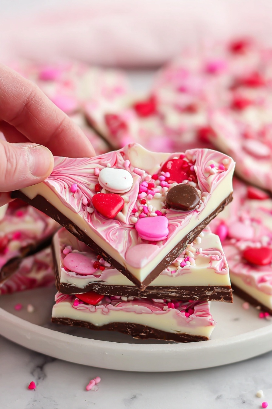 A white bowl is pouring a thick white liquid onto a flat dark chocolate layer that is spread on a tray. There are also pink and white swirls of liquid already on top of the dark chocolate, creating a striped pattern. A woman's hand with red nail polish holds the bowl over the chocolate. The tray rests on a white marbled surface. photo taken with an iphone --ar 2:3 --v 7
