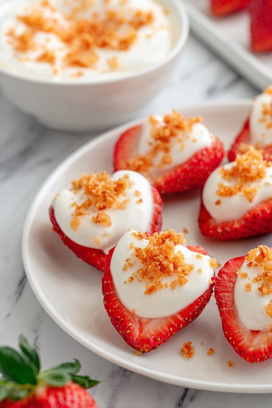 The image shows a white plate with several strawberry halves arranged in a circle along the edge. Each strawberry half is topped with a smooth, white creamy layer, which is then sprinkled with small, crunchy orange crumbs. In the background, there is a white bowl filled with the same white creamy mixture, also sprinkled with orange crumbs. The surface is a white marbled texture, and a fresh strawberry with green leaves is partly visible at the bottom left corner. photo taken with an iphone --ar 2:3 --v 7