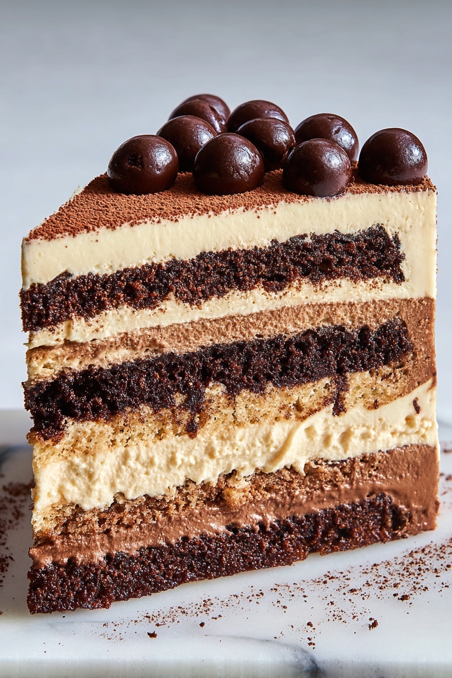 A slice of layered cake sits on a white marbled surface, showing seven visible layers alternating between dark brown chocolate cake and creamy light beige filling. The second, fourth, and sixth layers are thick, rich chocolate cake, while the first, third, fifth, and seventh layers are smooth and creamy. The top layer is covered with a light beige cream, dusted with cocoa powder on the left half, and topped with shiny dark round chocolate balls on the right half. The slice has a clean, smooth side and an even texture throughout. Photo taken with an iphone --ar 2:3 --v 7
