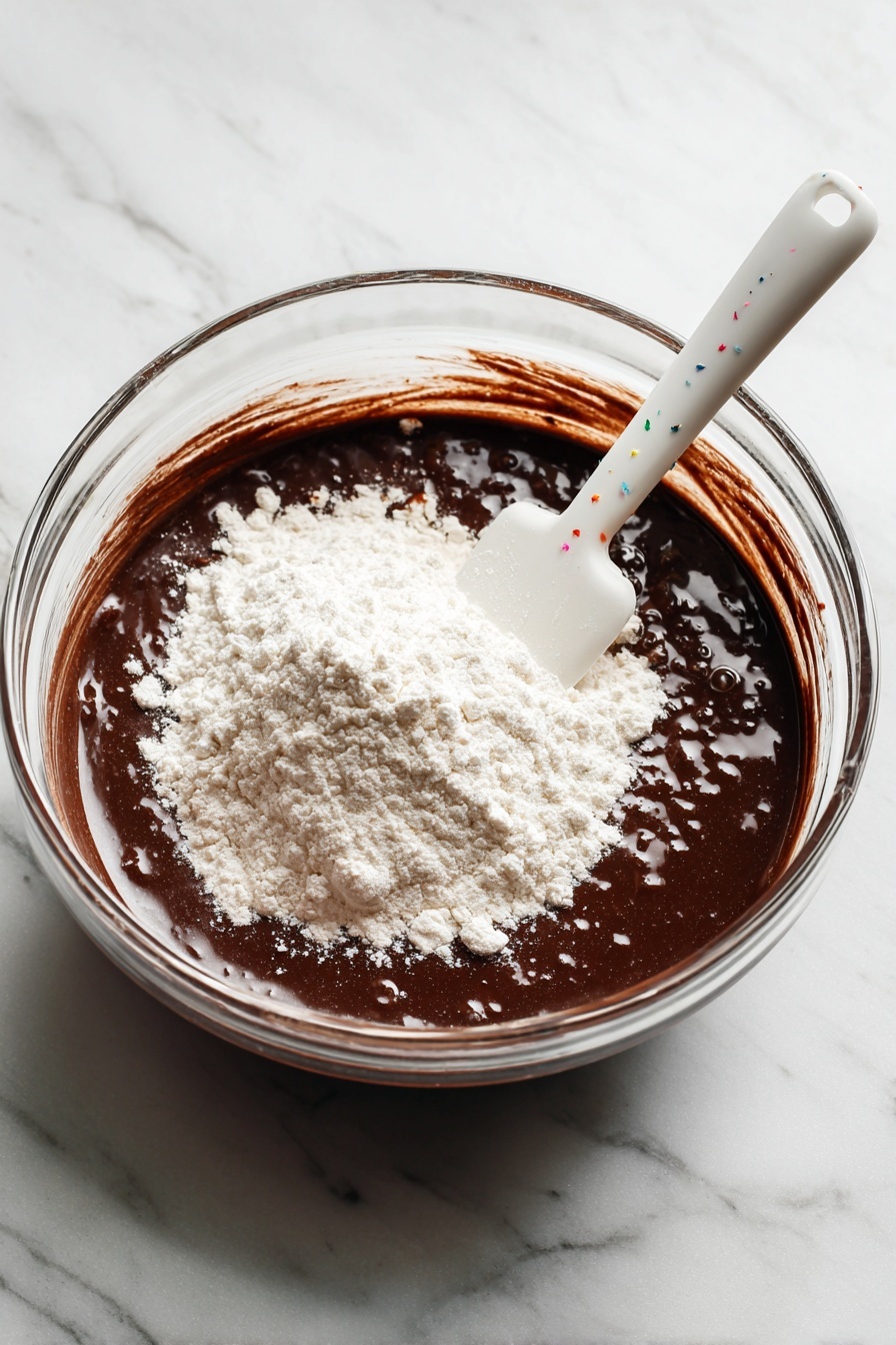 The image shows a single chocolate lava cake placed in the center of a white plate. The cake is dark brown with a soft, moist texture, and the middle is broken open, revealing melted chocolate flowing out. On top of the cake is a scoop of white vanilla ice cream that has a smooth texture. To the right of the cake are three bright red raspberries with a fresh and juicy look. A silver spoon rests on the left side of the plate, slightly touching the cake. The background has a soft white marbled texture, with more raspberries scattered around and a glass bottle filled with milk standing behind the plate. photo taken with an iphone --ar 2:3 --v 7