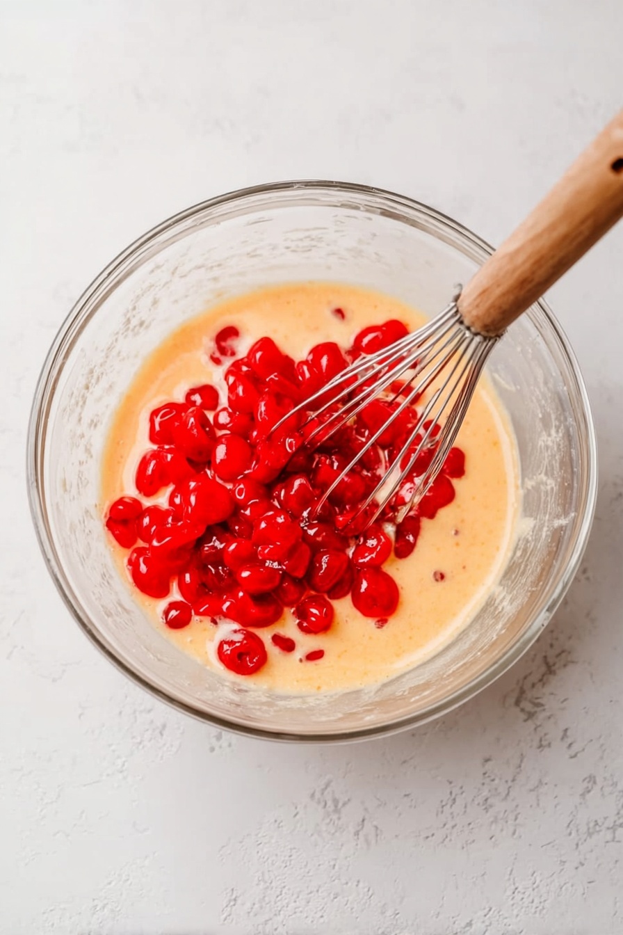 A two-layer pink cake slice sits on a stack of three white plates, each layer light and fluffy with small red pieces inside. Between the two cake layers is a smooth pink frosting layer, and the slice's top is covered with the same pink frosting. Three bright red cherries with stems are placed on top, each resting on a small swirl of frosting. In the background, there is a white jug holding wooden spoons, a white bowl full of red cherries, a glass of milk, and a red cloth, all set on a white marbled surface. photo taken with an iphone --ar 2:3 --v 7