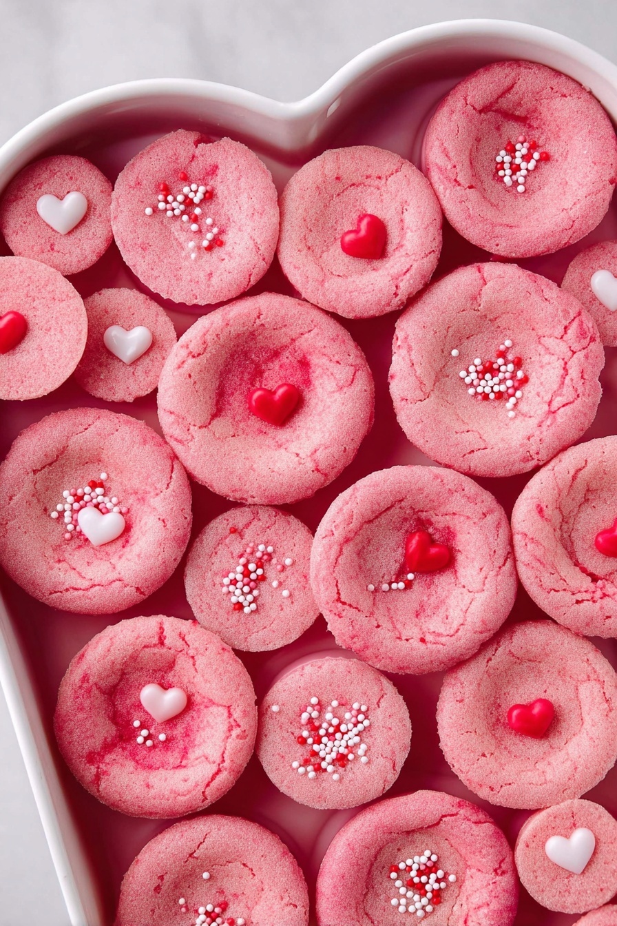 The image shows many small pink round cookies arranged closely inside a white heart-shaped baking pan. Each cookie has a slightly crinkled surface and comes in a single layer. Some cookies have tiny white or red heart-shaped decorations on top, while others are sprinkled with small white, red, and pink round sprinkles. The white marbled texture background contrasts softly with the bright pink cookies and the pan. photo taken with an iphone --ar 2:3 --v 7