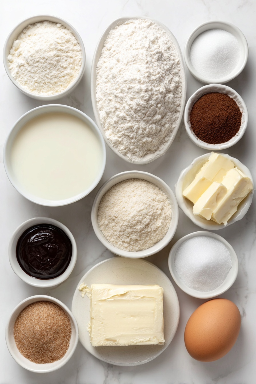Flat lay of a small white ceramic bowl with water and bread flour mixture (tangzhong), a small white ceramic bowl containing whole milk, heavy cream, and white vinegar combined, a mound of fresh bread flour, a small white ceramic bowl of granulated sugar, a small white ceramic bowl with unsweetened cocoa powder, two teaspoons of instant yeast in a small white ceramic bowl, a small white ceramic bowl with fine sea salt, one large whole brown egg with a clean shell, a small white ceramic bowl with smooth unsalted butter, a small white ceramic bowl with packed light brown sugar, a small white ceramic bowl of ground cinnamon, a small white ceramic bowl with vanilla bean paste, a block of cream cheese on a white ceramic plate, a small white ceramic bowl of powdered sugar, placed on a clean white marble surface, soft natural light, photo taken with an iPhone, professional food photography style, fresh ingredients, white ceramic bowls, no bottles, no duplicates, no utensils, no packaging --ar 2:3 --v 7 --p m7354615311229779997