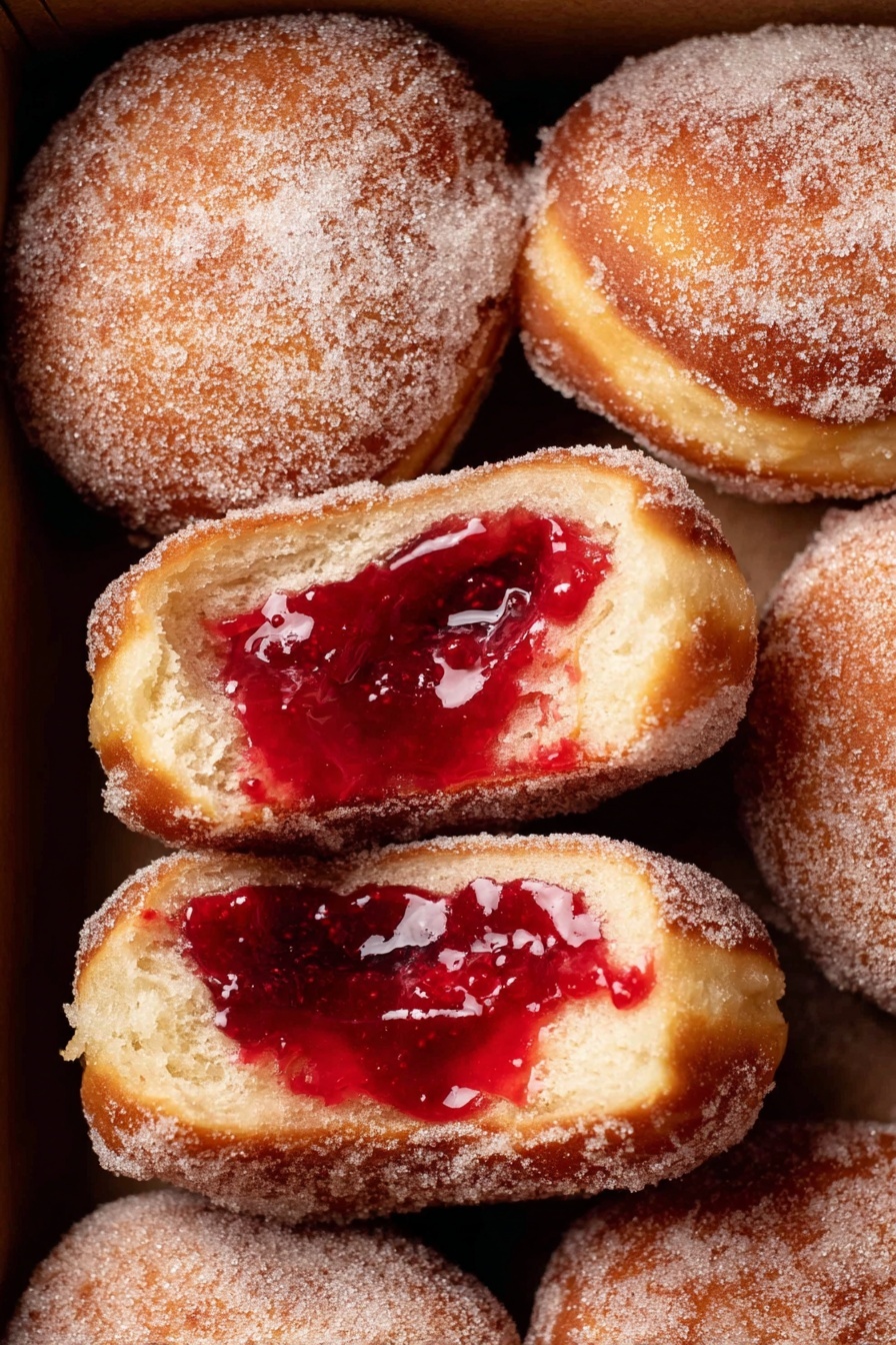 The image shows a close-up view of several sugar-coated doughnuts filled with bright red jelly. The doughnuts have a golden-brown outer layer dusted with granulated sugar, giving a slightly rough texture. Two doughnuts in the center are broken open, revealing soft, fluffy inner bread with thick, glossy red jelly filling that oozes out slightly. The doughnuts are packed closely together in a box with a cardboard-colored edge visible at the top. The overall look highlights the contrast between the light dough inside and the vibrant, smooth jelly filling inside. Photo taken with an iphone --ar 2:3 --v 7