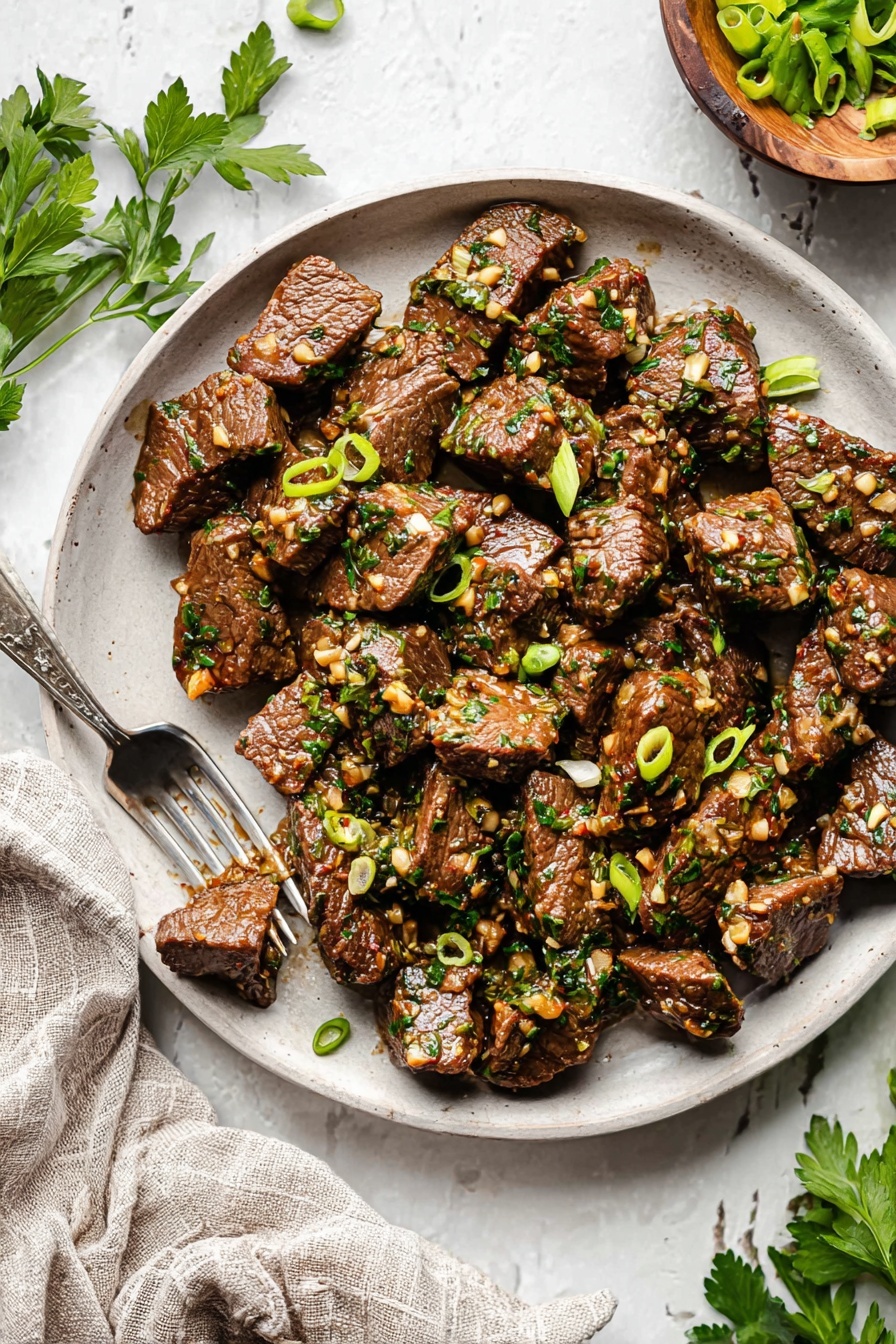 A black frying pan with a golden handle is shown from above, sitting on a white marbled surface. Inside the pan, there is one main layer of finely chopped garlic sizzling in oil, showing small golden brown bits mixed with lighter pieces, spread evenly across the bottom. Around the pan on the white marbled surface, there are three small white bowls: one filled with chopped green herbs, another with sliced green onions, and scattered flat parsley leaves along with two garlic cloves resting freely. The scene looks clean and bright, focused on the pan and its contents. photo taken with an iphone --ar 2:3 --v 7