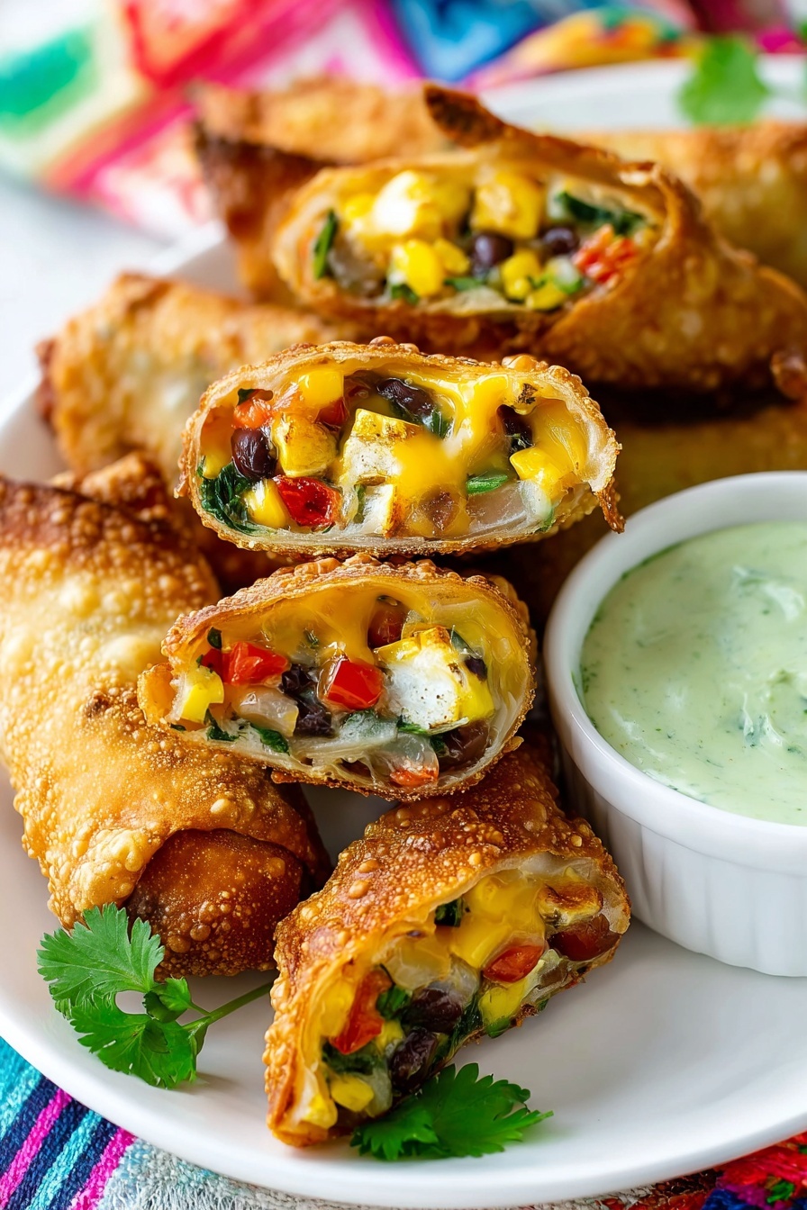 A white plate holds several golden brown fried rolls cut in half diagonally, showing the colorful filling inside. Each roll has three main layers: a crispy golden outer shell, a thick layer of melted light yellow cheese, and a mixture of small cubes of white tofu, yellow corn kernels, black beans, chopped green spinach, and red bell peppers. The rolls are arranged close together, leaning against each other, creating a pile. On the right side of the plate, there is a small white bowl filled with light green creamy dip, garnished with fresh green cilantro leaves on the side. The plate sits on a white marbled surface with a colorful fabric background partly visible. Photo taken with an iphone --ar 2:3 --v 7
