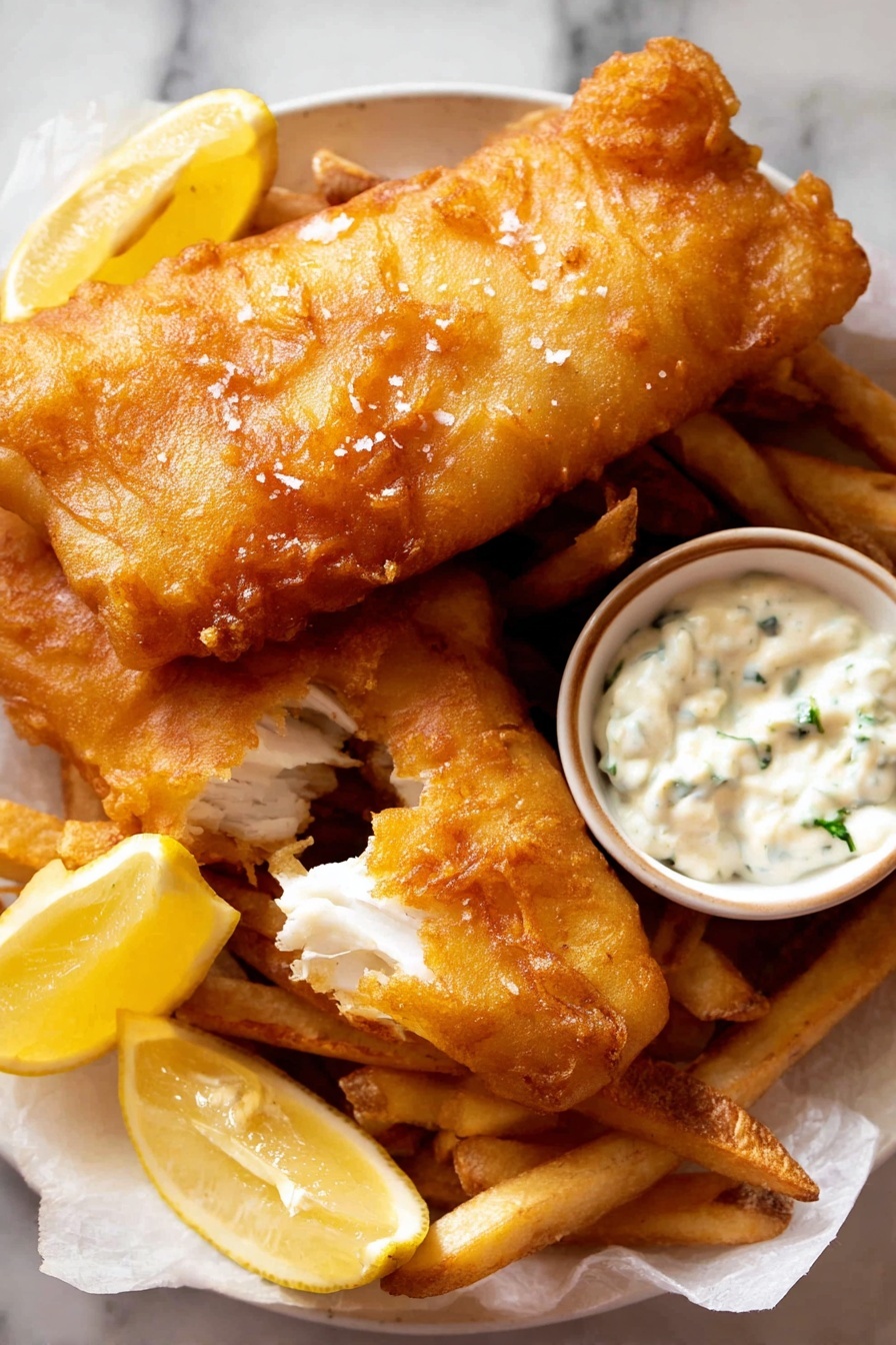 A white plate shows two pieces of golden brown fried fish with crunchy batter sprinkled lightly with salt, placed on top of thick, golden brown French fries. One piece of fish is broken to show the white, flaky inside. To the side of the plate, there are two lemon wedges with bright yellow color, and a small round bowl filled with creamy white tartar sauce with small green herbs mixed in. The plate sits on a white marbled surface. photo taken with an iphone --ar 2:3 --v 7