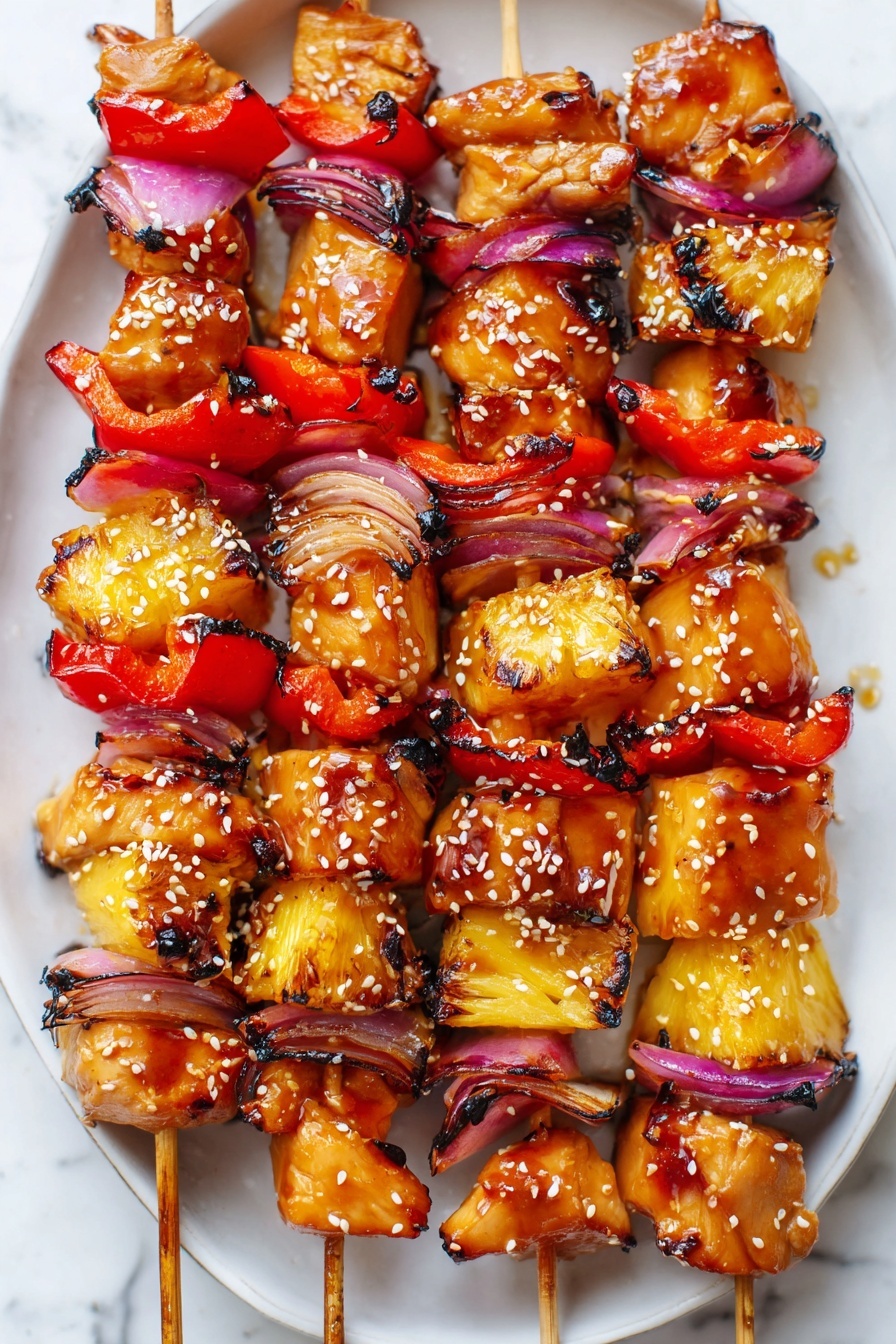 Four wooden skewers hold layers of grilled food, arranged vertically on a white plate set on a white marbled surface. Each skewer has chunks of shiny, caramel-colored glazed chicken, with large pieces of red bell pepper, yellow grilled pineapple, and slices of purple-red onion between the chicken pieces. The pineapple has charred edges, and the sauce on everything is glossy with some sesame seeds sprinkled on top. The overall colors are warm orange, red, yellow, and purple, with a moist and slightly sticky texture from the glaze. Photo taken with an iphone --ar 2:3 --v 7