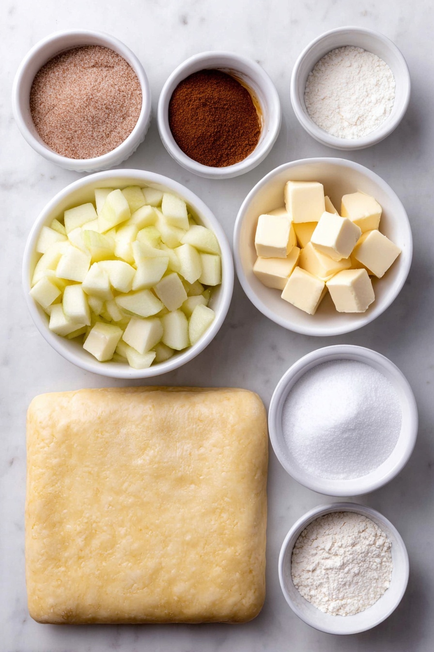 Flat lay of a single rectangular sheet of golden puff pastry, a small white bowl filled with diced fresh Granny Smith apples, a small white bowl with light brown granular brown sugar, a small white bowl with bright reddish-brown ground cinnamon powder, a small white bowl holding a pale beige ground nutmeg, a small white bowl containing fine ground cloves, a small white bowl with a few small cubes of creamy butter, a small white bowl with white cornstarch powder, a small white bowl with white granulated sugar, a small white bowl with rich caramel sauce, and a small white bowl filled with clear cooking oil, all arranged in perfect symmetry on a simple white ceramic surface, placed on a clean white marble surface, soft natural light, photo taken with an iPhone, professional food photography style, fresh ingredients, white ceramic bowls, no bottles, no duplicates, no utensils, no packaging --ar 2:3 --v 7 --p m7354615311229779997