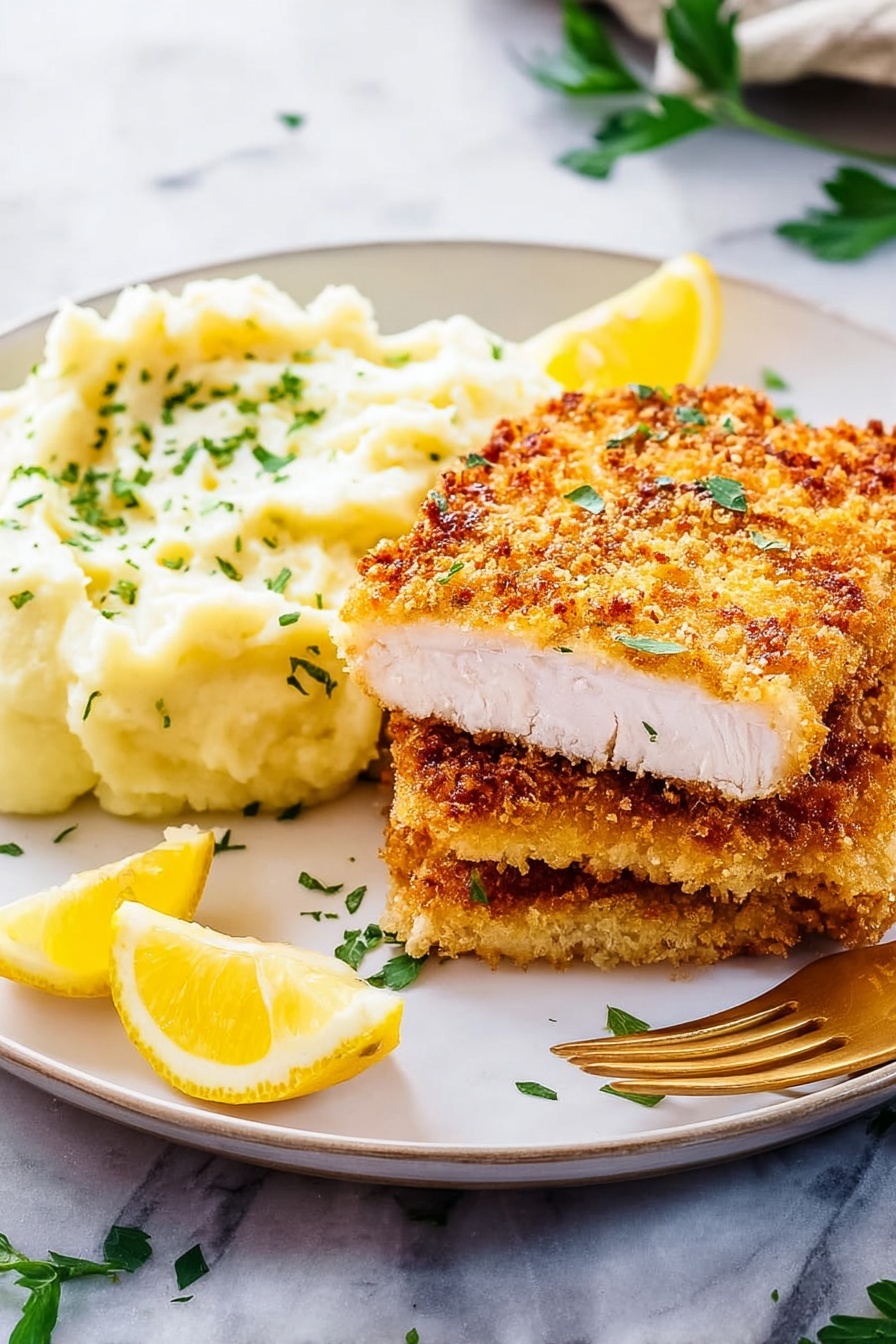 The image shows three white bowls placed side by side on a white marbled surface, each containing a stage of breading chicken. The first bowl on the left has a raw piece of chicken covered with light beige flour, with a powdery texture evenly coating the meat. The middle bowl contains a piece of chicken soaking in a yellow-orange liquid marinade with a slightly oily and speckled surface, showing some bubbles on the liquid. The last bowl on the right holds a piece of chicken covered in golden brown breadcrumbs with a crumbly texture, fully coated and resting inside the bowl. Photo taken with an iphone --ar 2:3 --v 7