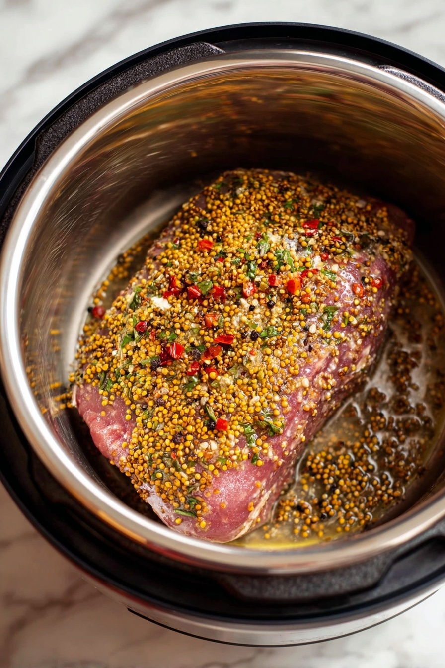 A white plate shows a meal with three main parts: slices of pink cooked beef topped with grainy mustard sauce on the right, light yellow steamed cabbage on the left, and small, round brown roasted potatoes mixed with orange carrot pieces in the top and bottom center. The potatoes and carrots have bits of green herbs sprinkled on them. A silver fork lies near the bottom right of the plate on a white marbled surface, with a green cloth and wooden pepper grinder nearby. Photo taken with an iphone --ar 2:3 --v 7