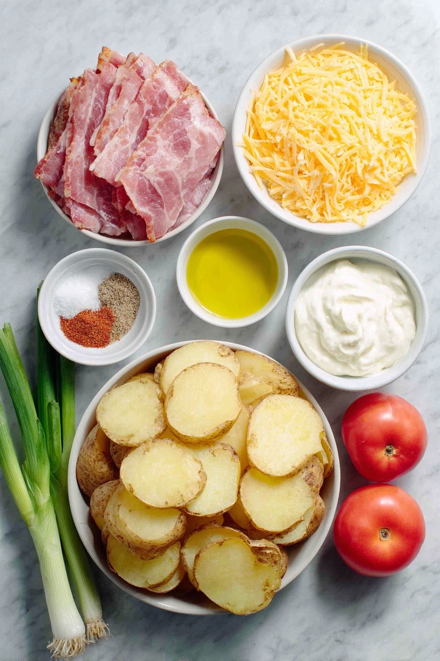 Flat lay of large russet potatoes sliced into thin rounds, a small white bowl of extra virgin olive oil, a small white bowl with a mix of kosher salt, paprika, garlic powder, and black pepper, a pile of shredded sharp cheddar cheese, several thick-cut cooked and crumbled bacon slices, one whole jalapeno pepper, two whole Roma tomatoes, a small white bowl of sour cream, one whole medium shallot, and two green onions with fresh green tops, all arranged symmetrically on simple white ceramic dishes, placed on a clean white marble surface, soft natural light, photo taken with an iPhone, professional food photography style, fresh ingredients, white ceramic bowls, no bottles, no duplicates, no utensils, no packaging --ar 2:3 --v 7 --p m7354615311229779997
