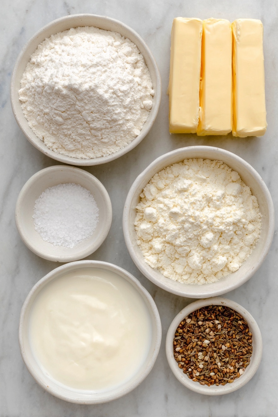 Flat lay of a small mound of all-purpose flour, a few whole sticks of golden butter, a small white ceramic bowl of coarse kosher salt, a small white ceramic bowl containing pale beige baking soda powder, a small white ceramic bowl with mixed crushed fennel and caraway seeds, a small white ceramic bowl filled with creamy buttermilk, all arranged symmetrically on a clean white marble surface, soft natural light, photo taken with an iPhone, professional food photography style, fresh ingredients, white ceramic bowls, no bottles, no duplicates, no utensils, no packaging --ar 2:3 --v 7 --p m7354615311229779997