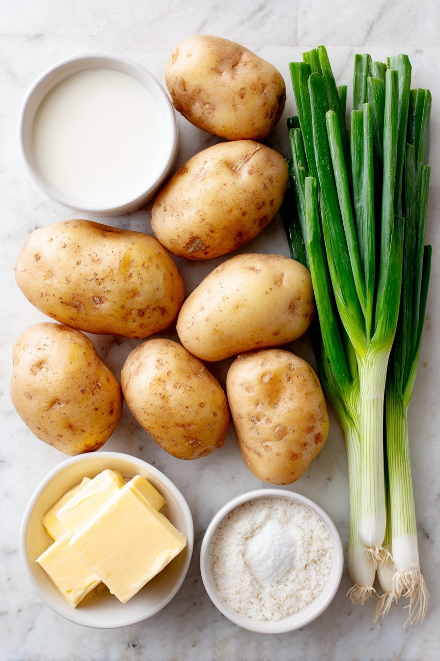 Flat lay of six medium whole unpeeled potatoes, a small white bowl of whole milk, several fresh green onion stalks with vibrant green tops, a small white bowl with a chunk of unsalted butter, a small white bowl of coarse salt, and a small white bowl of ground white pepper, all arranged with perfect symmetry on a clean white marble surface, soft natural light, photo taken with an iPhone, professional food photography style, fresh ingredients, white ceramic bowls, no bottles, no duplicates, no utensils, no packaging --ar 2:3 --v 7 --p m7354615311229779997