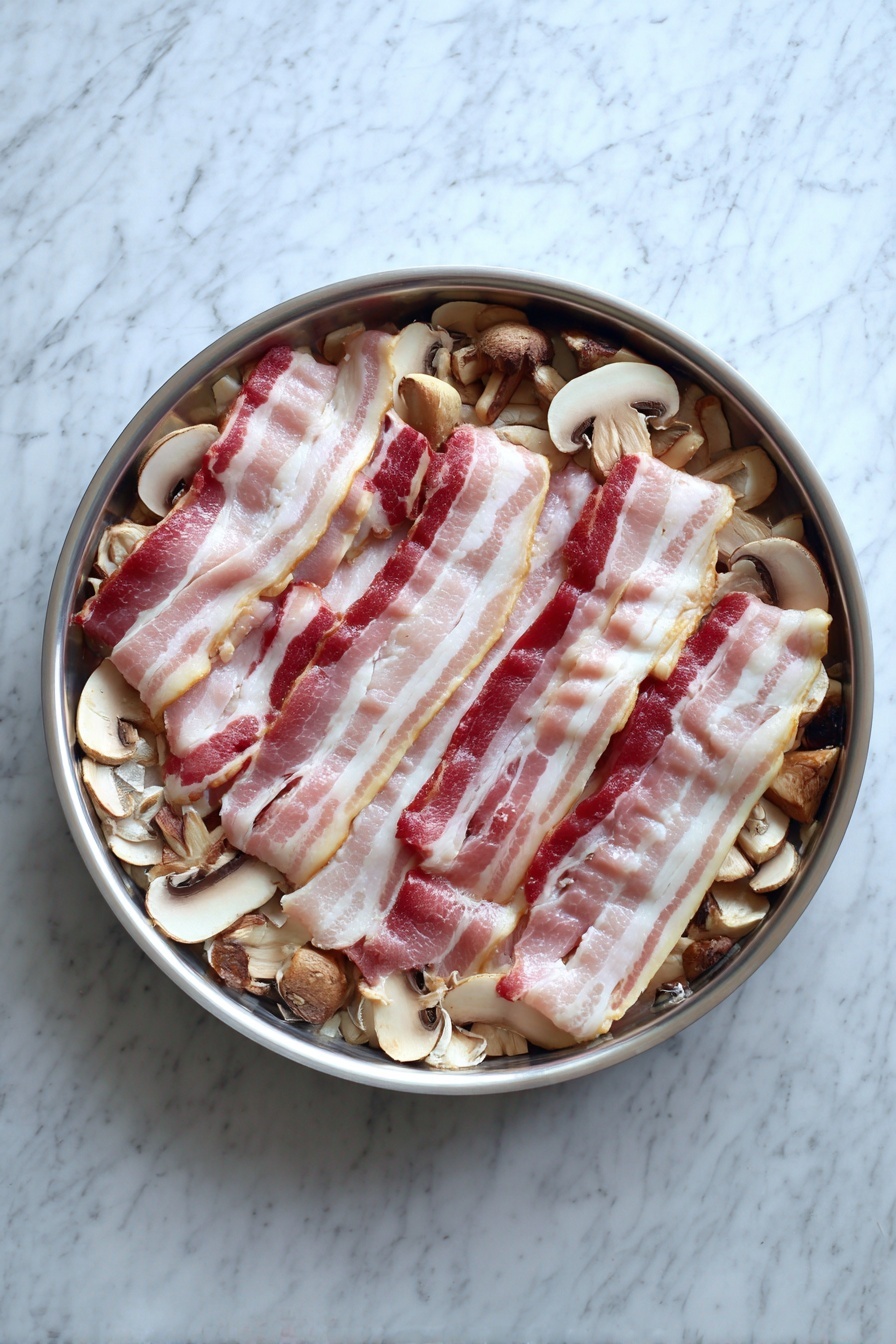 The image shows a white plate with a piece of cooked chicken on top of a creamy mushroom sauce. The chicken has a golden-brown skin layer on top and a light pinkish-white meat layer inside. The creamy sauce beneath is thick and pale with visible slices of brown mushrooms and small bits of herbs. A sprig of fresh green thyme rests on one side of the plate. A golden fork is placed on the right edge, touching the sauce, and a woman's hand is about to hold it. The background is a white marbled texture with some green herbs and a gray cloth in soft folds. photo taken with an iphone --ar 2:3 --v 7