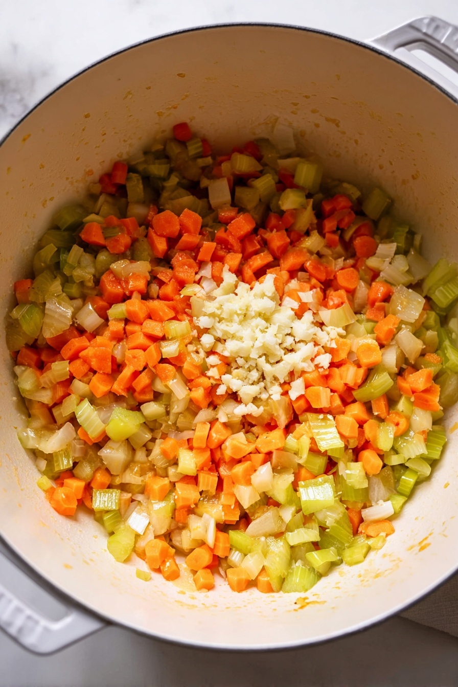 A creamy soup served in a round white bowl with a beige rim sits on a white marbled surface. The soup has a thick, light beige base filled with visible pieces of shredded white meat, small orange carrot bits, tiny green herbs, and small brown bacon chunks scattered throughout. A silver spoon with a carved handle is dipped into the soup, resting on the right side inside the bowl. In the upper left corner, torn pieces of a crusty bread roll are partially visible on the same white marbled surface, with a small round bowl containing bacon bits near the top right edge. The overall colors are warm and creamy with soft contrasts. photo taken with an iphone --ar 2:3 --v 7