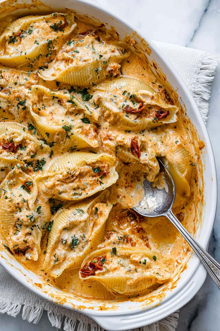 This image shows a white oval dish filled with large pasta shells stuffed with a creamy white cheese. The shells are covered in a thick, light orange sauce with flecks of green herbs and small pieces of sun-dried tomatoes scattered around. The sauce has a smooth texture and coats the pasta well. A silver spoon is scooping some of the pasta, creating a small empty space in the dish. The dish is on a white marbled surface with a white cloth showing fringe edges near the dish's corner. The photo is taken with an iphone --ar 2:3 --v 7