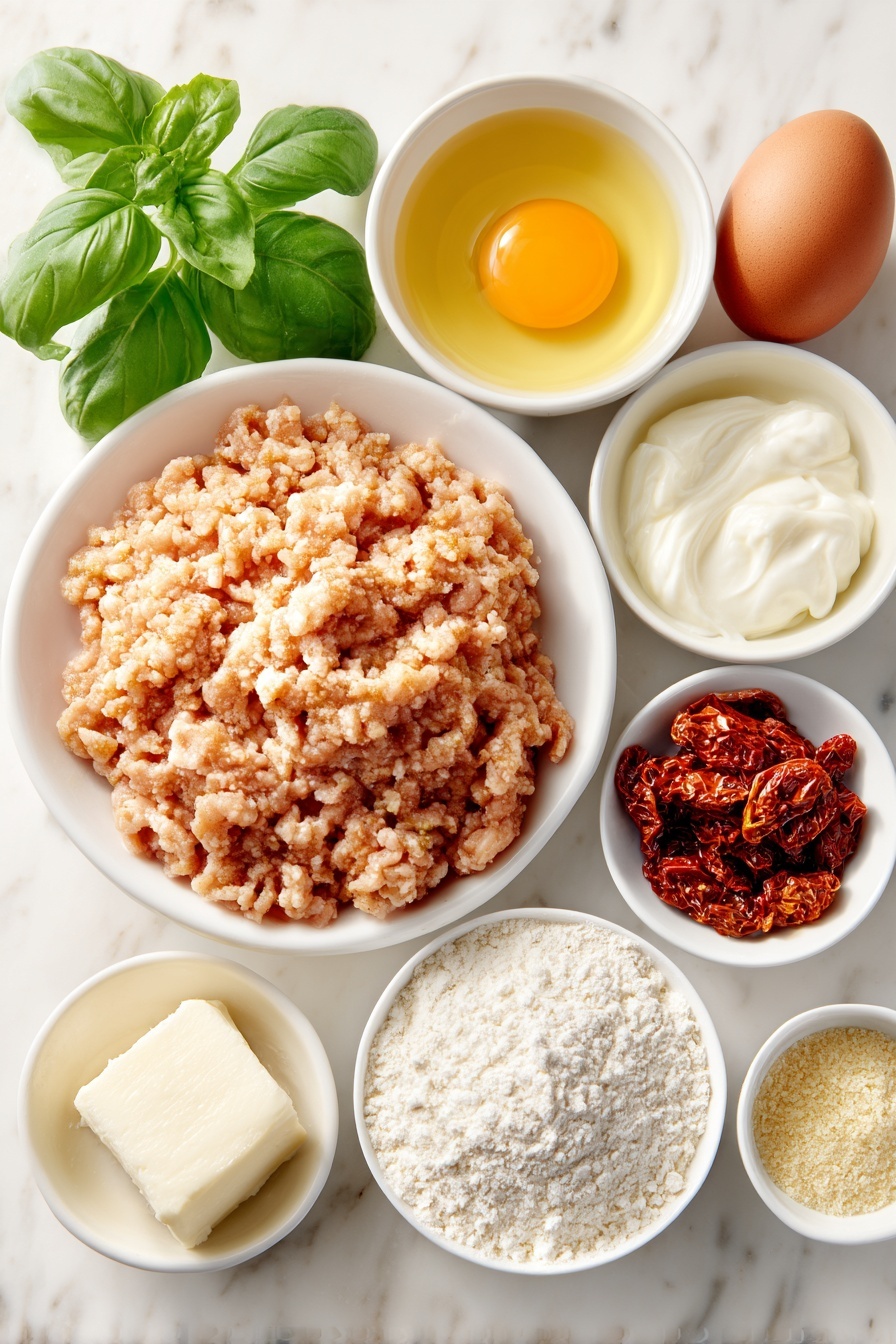 Flat lay of a small mound of ground chicken, a small white ceramic bowl of dried Italian bread crumbs, one whole clean uncracked brown egg, a small white ceramic bowl of Italian seasoning powder, a small white ceramic bowl of minced garlic, a small white ceramic bowl of onion powder, a small white ceramic bowl of salt, a small white ceramic bowl of grated Parmesan cheese, a small white ceramic bowl of olive oil, a small white ceramic bowl with three tablespoons of butter, a small white ceramic bowl of all-purpose flour, a small white ceramic bowl of golden chicken broth, a small white ceramic bowl of heavy cream, a small white ceramic bowl of sun-dried tomatoes, fresh bright green basil leaves arranged neatly, all placed on a clean white marble surface, soft natural light, photo taken with an iPhone, professional food photography style, fresh ingredients, white ceramic bowls, no bottles, no duplicates, no utensils, no packaging --ar 2:3 --v 7 --p m7354615311229779997
