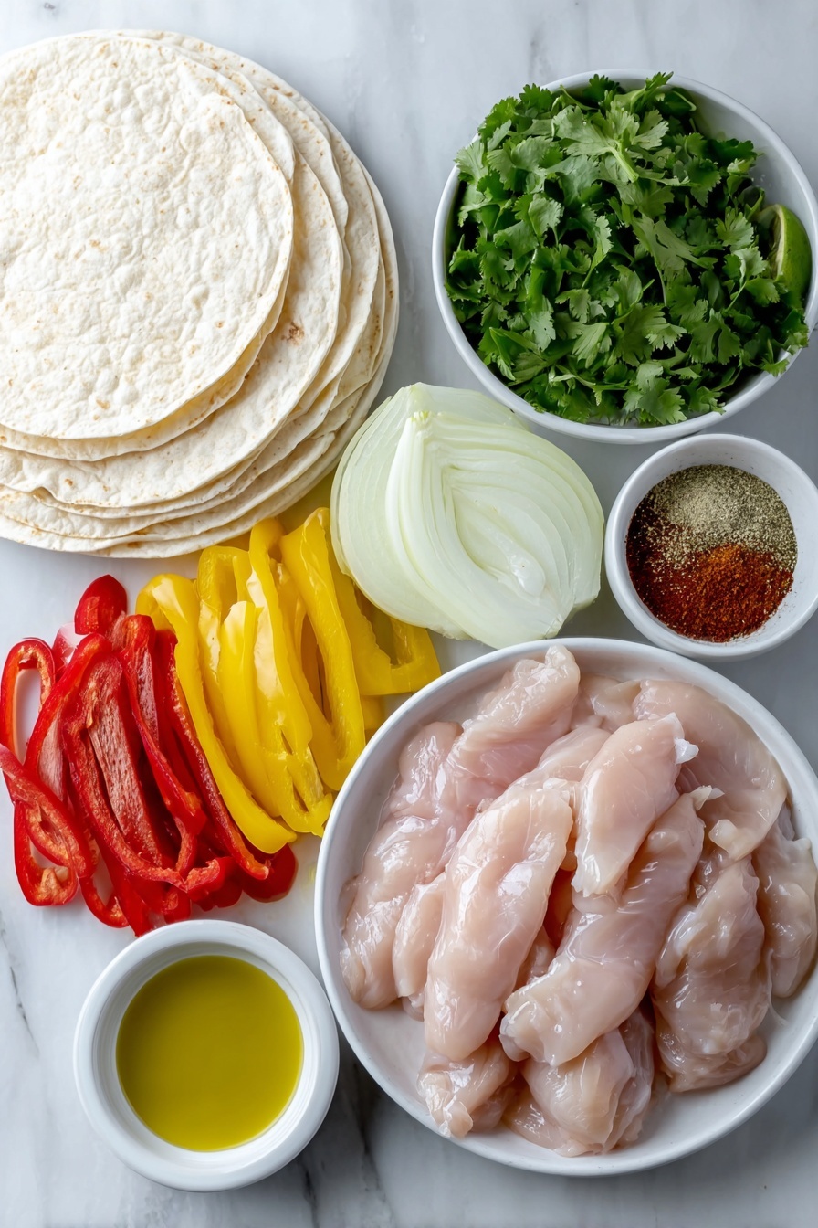 Flat lay of boneless skinless chicken breasts cut into strips, three fresh bell peppers in red, yellow, and green sliced into wide strips, one medium onion sliced into thick rings, small white ceramic bowl of olive oil, small white ceramic bowl with a mix of chili powder, ground cumin, smoked paprika, garlic powder, onion powder, fine sea salt, and freshly ground black pepper, small white ceramic bowl of fresh cilantro leaves, lime wedges arranged neatly on a simple white ceramic plate, stack of small plain flour tortillas arranged in a simple white ceramic dish placed on a clean white marble surface, soft natural light, photo taken with an iPhone, professional food photography style, fresh ingredients, white ceramic bowls, no bottles, no duplicates, no utensils, no packaging --ar 2:3 --v 7 --p m7354615311229779997