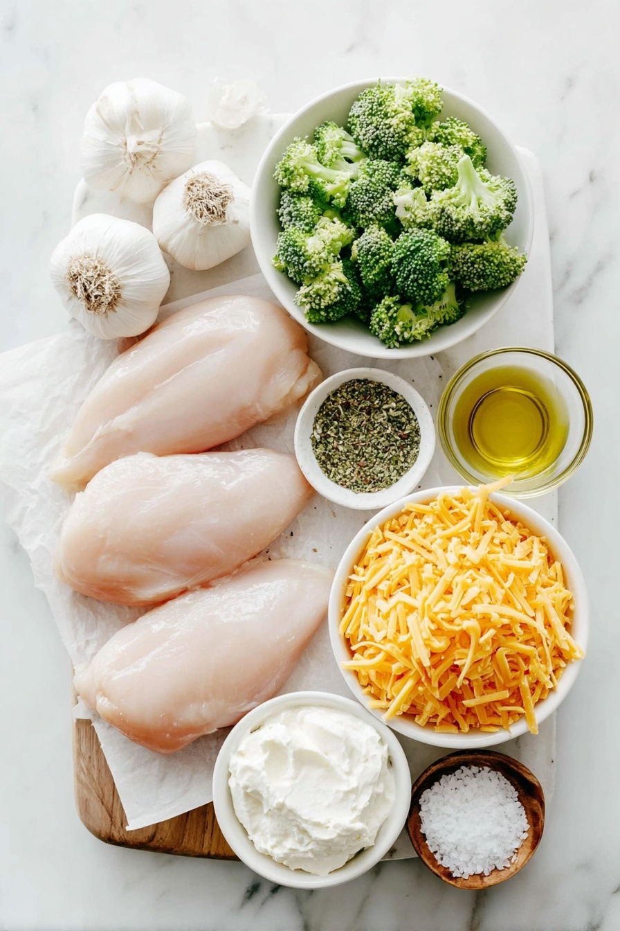 Flat lay of four plump boneless skinless chicken breasts, a small mound of finely chopped bright green broccoli florets, a neat pile of shredded vibrant orange cheddar cheese, a dollop of smooth cream cheese on a simple white ceramic plate, two whole uncracked garlic cloves with fresh papery skins, a small white ceramic bowl filled with golden olive oil, a small white ceramic bowl of mixed Italian seasoning herbs, a small white ceramic bowl of coarse salt crystals, and a small white ceramic bowl of whole black peppercorns, all arranged in perfect symmetry on a clean white marble surface, soft natural light, photo taken with an iPhone, professional food photography style, fresh ingredients, white ceramic bowls, no bottles, no duplicates, no utensils, no packaging --ar 2:3 --v 7 --p m7354615311229779997