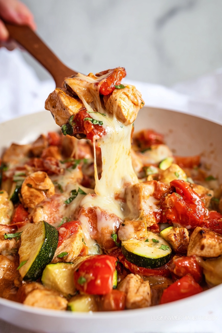 A close-up of a white bowl containing a mix of cooked chicken pieces, red tomato chunks, and green zucchini slices in a light sauce. The dish has melted cheese stretching as it's lifted with a wooden spoon by a woman's hand. Small green herb pieces are scattered throughout, and the background shows a white marbled texture. photo taken with an iphone --ar 2:3 --v 7