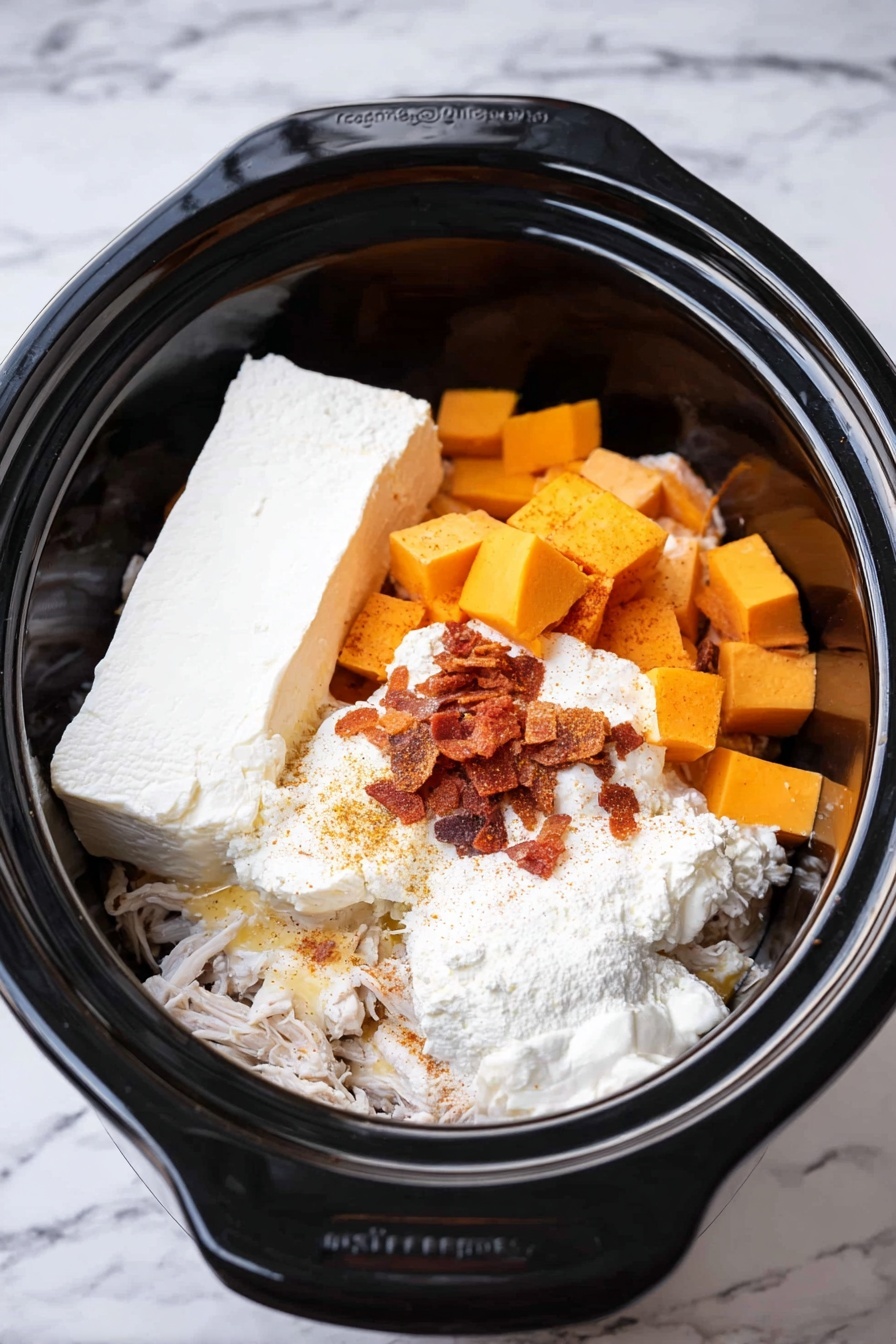 A white speckled bowl filled with creamy cheese dip is placed in the center of a black plate, which is filled with many small, golden toasted bread slices arranged in a circle. The cheese dip is light yellow with a smooth texture and has bits of cooked bacon mixed in. On top, there are chopped green onions and crunchy bacon pieces for garnish. One toasted bread slice is dipped slightly into the cheese dip, resting on the edge of the bowl. The background is a white marbled surface. photo taken with an iphone --ar 2:3 --v 7