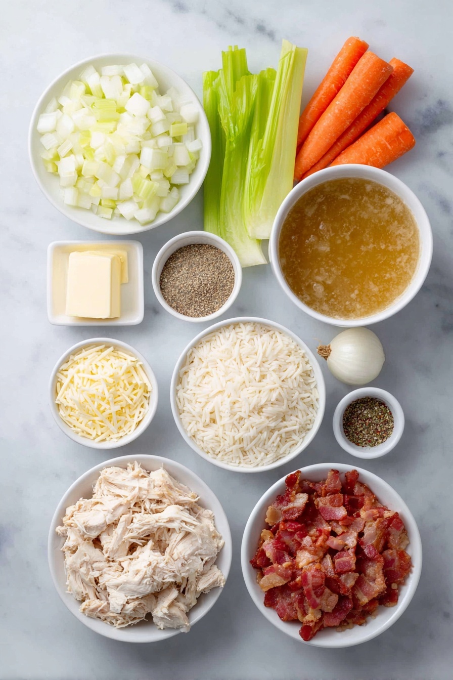 Flat lay of two tablespoons of butter, one medium yellow onion diced, two ribs of celery diced, two large carrots diced, two cloves of garlic minced, a small white ceramic bowl of golden chicken broth, one small white bowl containing dry ranch seasoning powder, a small white bowl with black pepper, one small white bowl filled with uncooked long-grain white rice, a pile of cooked shredded chicken, cubes of softened cream cheese, a small mound of shredded cheddar cheese, and a portion of cooked bacon pieces, all arranged in perfect symmetry on a clean white marble surface, soft natural light, photo taken with an iPhone, professional food photography style, fresh ingredients, white ceramic bowls, no bottles, no duplicates, no utensils, no packaging --ar 2:3 --v 7 --p m7354615311229779997