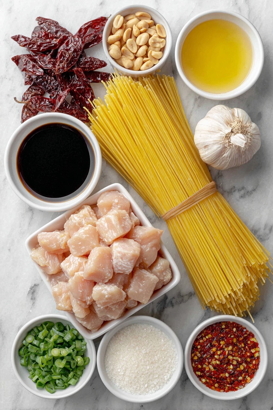 Flat lay of uncooked linguini noodles arranged in a neat bundle, a pile of cubed raw boneless skinless chicken breast, two whole brown garlic cloves, a small cluster of dried red chili peppers, a small white ceramic bowl filled with dark soy sauce, a small white bowl with pale amber rice vinegar, a small white bowl of light brown granulated brown sugar, a small white bowl containing bright red chili garlic sauce, a small white bowl with fine white cornstarch powder, a small pile of whole roasted unsalted peanuts, fresh chopped green onion scattered neatly, and a small mound of deep red crushed red pepper flakes all placed symmetrically on a clean white marble surface, soft natural light, photo taken with an iPhone, professional food photography style, fresh ingredients, white ceramic bowls, no bottles, no duplicates, no utensils, no packaging --ar 2:3 --v 7 --p m7354615311229779997