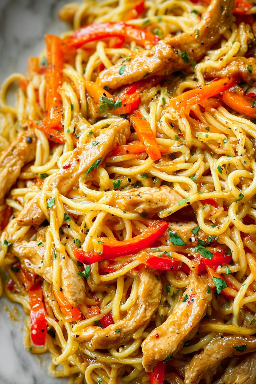 This image shows a close-up view of a noodle dish with several layers. The base layer consists of light yellow noodles that look soft and shiny, twisted and mixed evenly throughout the dish. On top of the noodles, there are many pieces of cooked light brown chicken strips with a golden glaze. Scattered between the noodles and chicken are thin slices of red and orange bell peppers, adding bright pops of color. Small green herb bits are sprinkled all over, giving freshness and contrast. The dish has a slight oily shine and small black pepper flakes are visible throughout, enhancing the texture. The background is a white marbled surface. photo taken with an iphone --ar 2:3 --v 7