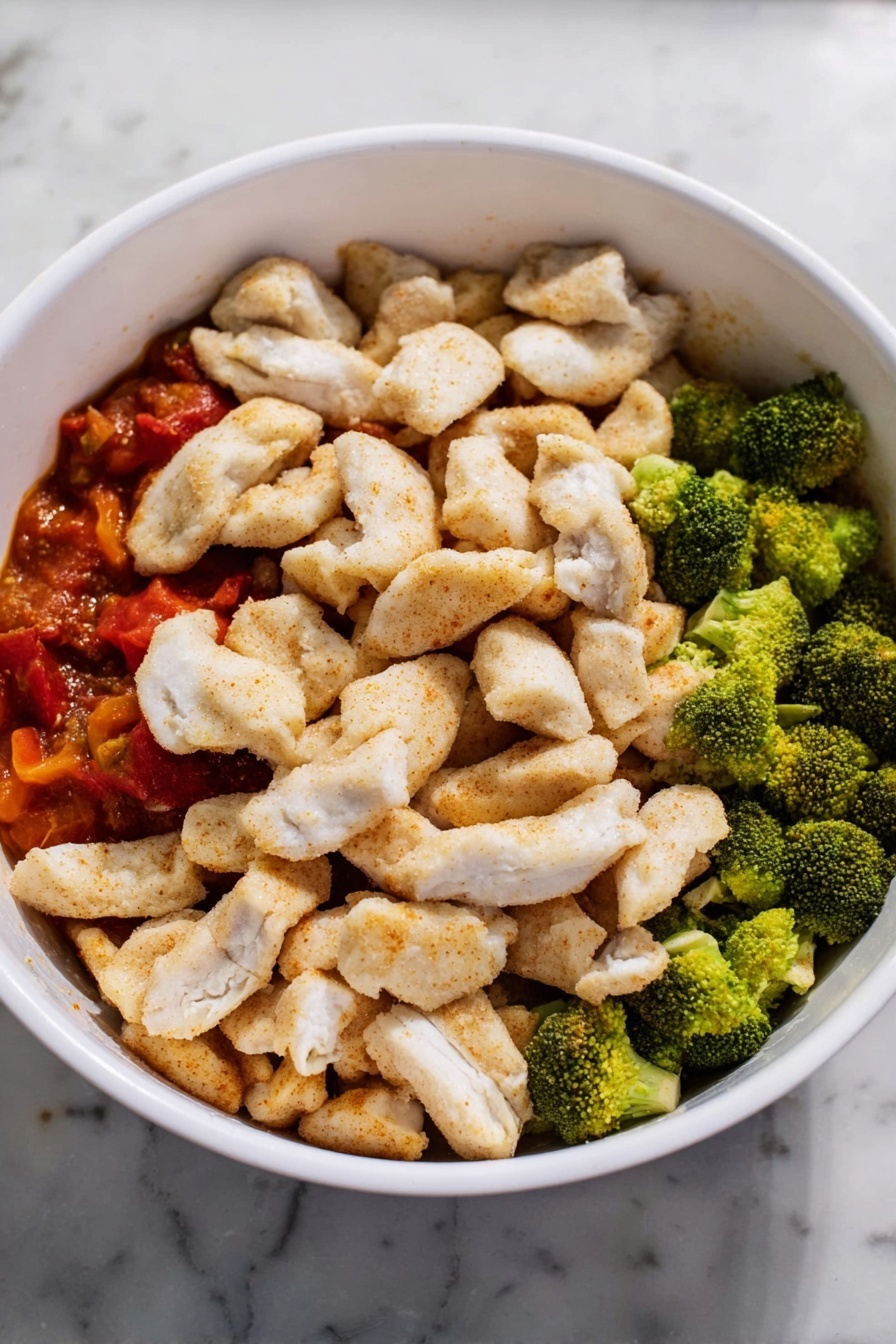 A white bowl filled with two main layers: on one side, a layer of white rice with visible grains, and on the other side, a colorful stir-fry layered on top. The stir-fry has bright orange sauce-coated chicken pieces, green broccoli florets, and red bell pepper strips mixed evenly. The dish is topped with small white and black sesame seeds and scattered chopped green onions. The bowl sits on a white marbled surface with small wooden bowls holding sesame seeds and green onions seen blurred in the background. photo taken with an iphone --ar 2:3 --v 7