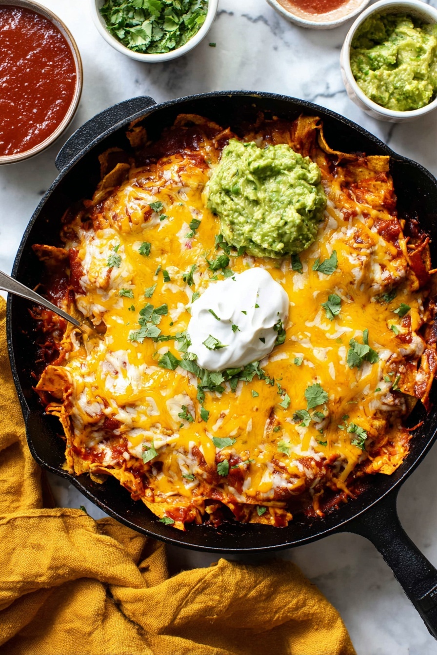 A round black pan filled with layered dish starting at the bottom with reddish crispy tortilla chips soaked in a rich red sauce, topped with a thick layer of melted yellow and white cheese covering the entire surface, sprinkled with small green cilantro leaves. On the left side of the pan, there is a scoop of green mashed avocado next to a dollop of white sour cream. The pan rests on a white marbled surface alongside a mustard yellow cloth and two small white bowls containing red sauce and more green mashed avocado. Photo taken with an iphone --ar 2:3 --v 7