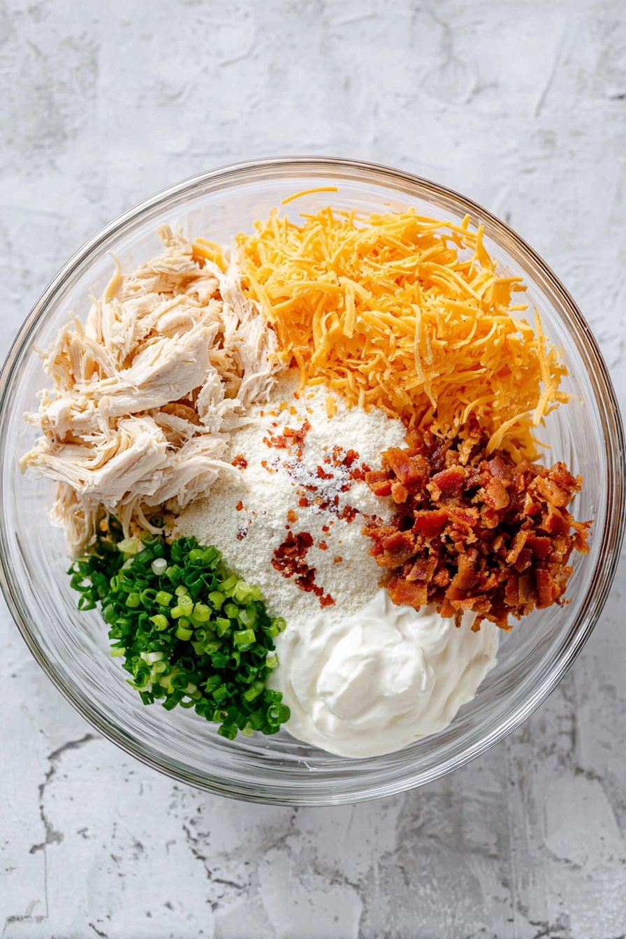 The image shows three yellow soft taco shells standing upright on a wooden board, each filled with layers starting with white grilled fish at the bottom, topped with melted orange cheddar cheese, small green avocado cubes, and bright red tomato chunks. There is a drizzle of white sauce over the toppings along with small green chopped herbs and bits of crispy bacon sprinkled on top. In the back right side, there is a small white bowl with sliced green onions. The whole scene is set on a white marbled surface. Photo taken with an iphone --ar 2:3 --v 7