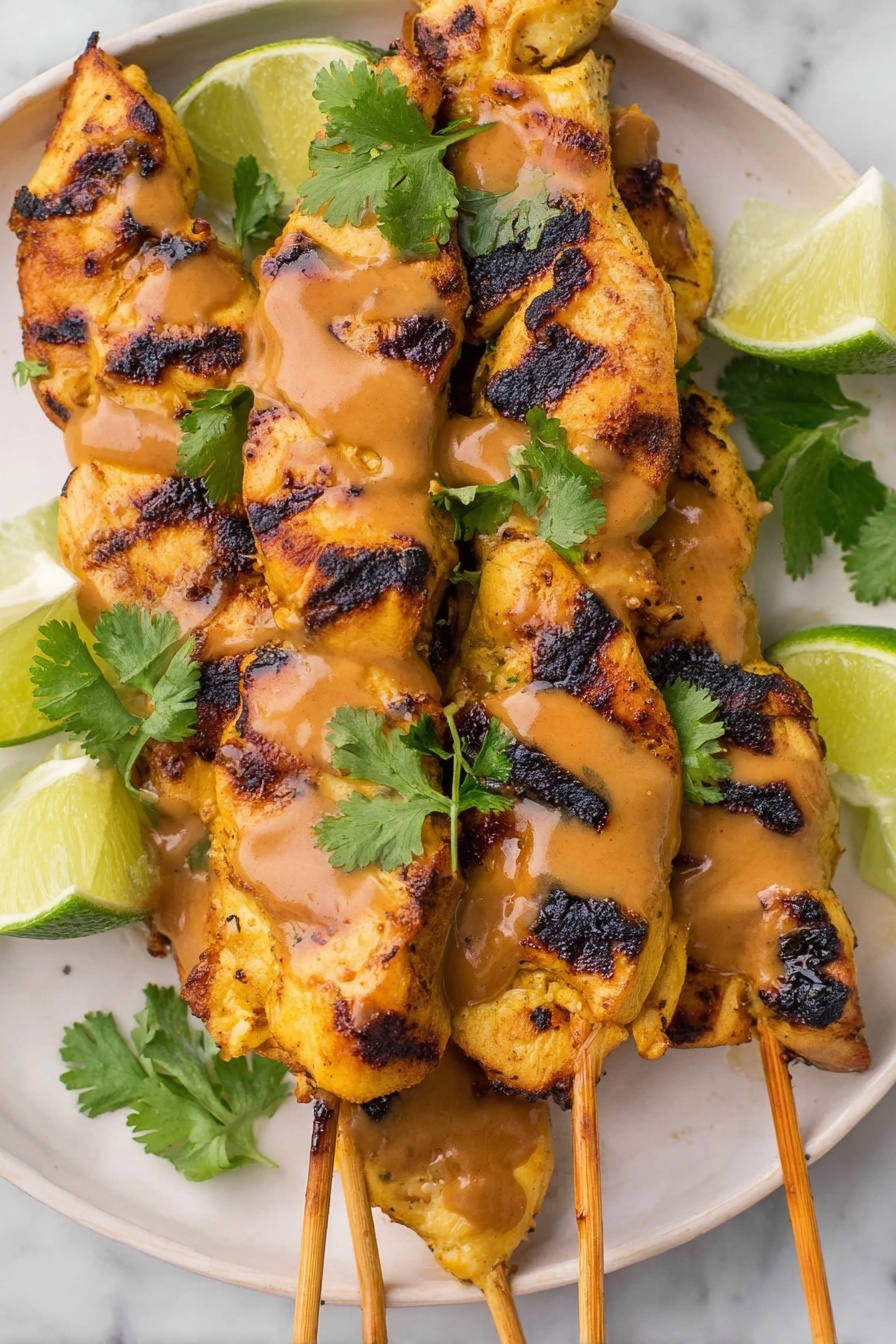 The image shows three grilled skewers of golden yellow chicken with dark char marks on them, arranged on a white plate. The chicken pieces are slightly glossy with a sauce being poured over one skewer from a wooden spoon held by a woman's hand. The sauce is light brown and smooth, dripping down the meat. The plate is garnished with fresh green cilantro leaves and lime wedges that show both green skin and pale juicy flesh. The background is a white marbled surface with blurred garlic and lime in the back creating a fresh, bright setting. photo taken with an iphone --ar 2:3 --v 7