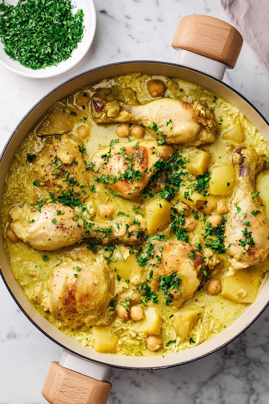The image shows a round pot with light yellow curry broth filled with several cooked chicken drumsticks, pale yellow potato chunks, and small chickpeas mixed with soft yellow rice grains. The dish is topped with finely chopped green herbs scattered evenly over the surface, adding a fresh color contrast. The pot has light wood handles and sits on a white marbled surface. In the upper corner, there is a white bowl filled with more chopped green herbs. Photo taken with an iphone --ar 2:3 --v 7