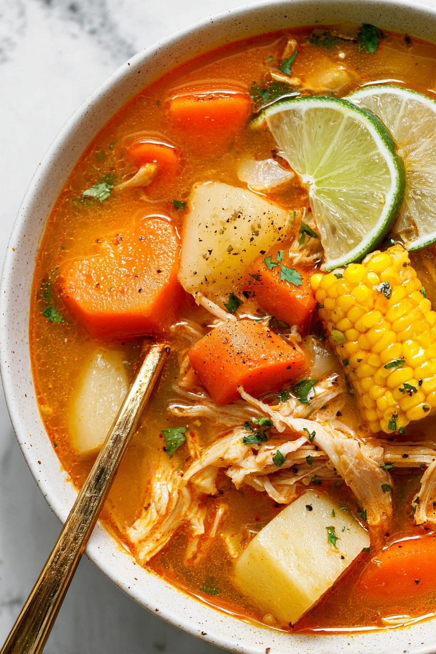 A white pot filled with clear broth shows chunks of orange carrots, light green celery, and pale yellow corn pieces arranged inside. A woman's hand is pouring thick orange liquid from a clear container into the pot, flowing gently over the vegetables. The pot sits on a stove with a black surface, and the background is a white marbled texture. photo taken with an iphone --ar 2:3 --v 7
